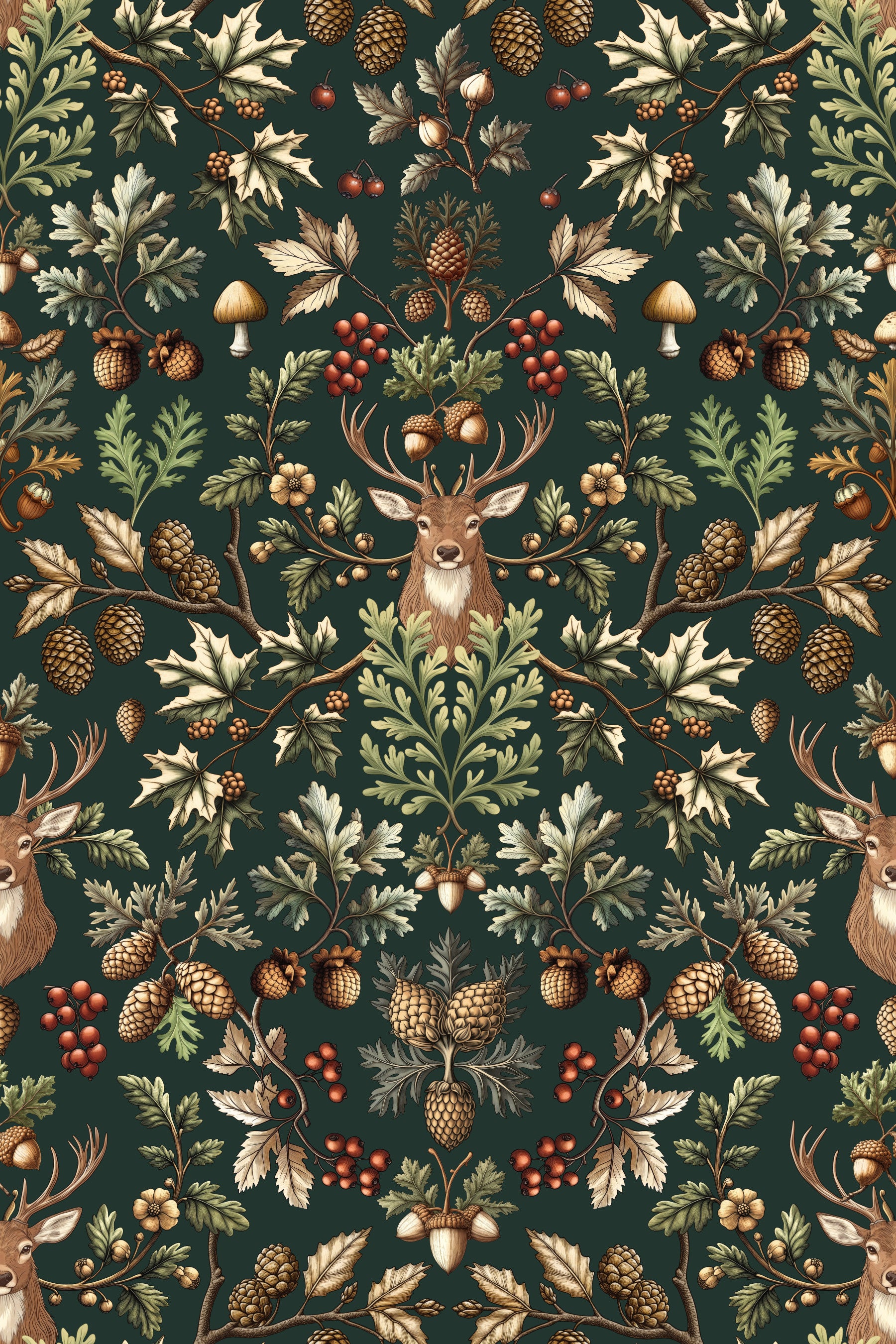 A wallpaper with a classic William Morris-style repeating pattern.
