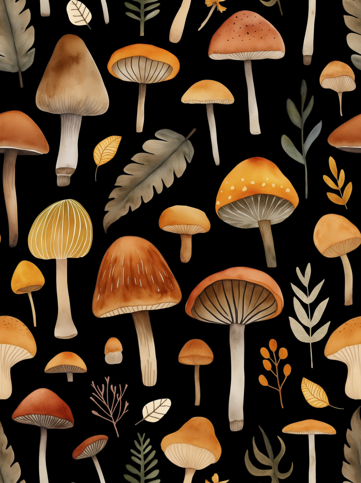 Autumn Mushrooms Forest Whimsy Watercolor Pattern Black Wallpaper⁠ in your room — zoomed