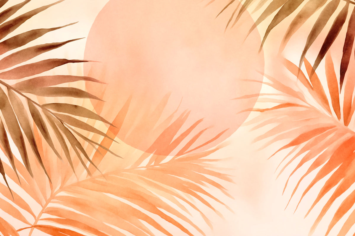 Tropical Palm Grove Peach Sunrise Wall Mural in your room — zoomed