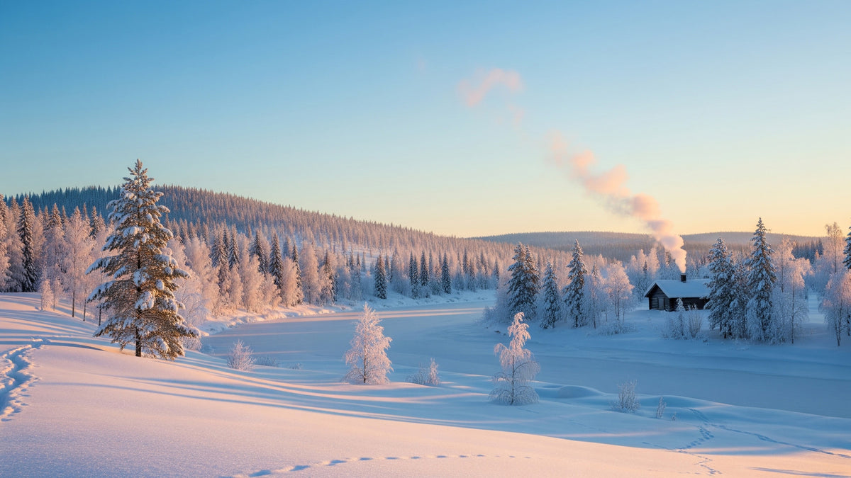 Winter's Light Cabin Wall Mural in your room — zoomed