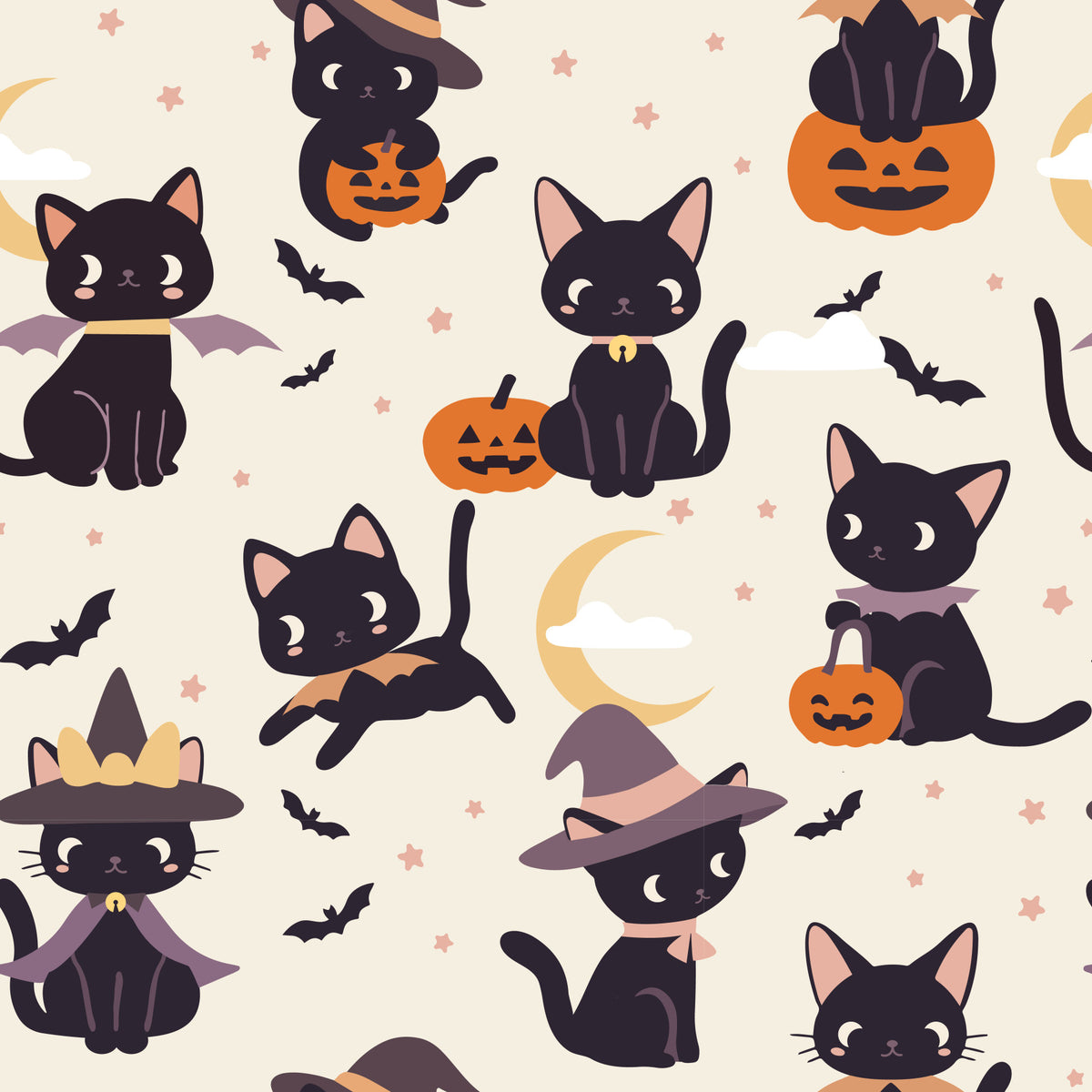 Cute Halloween Witch Cats and Pumpkins Wallpaper⁠ in your room