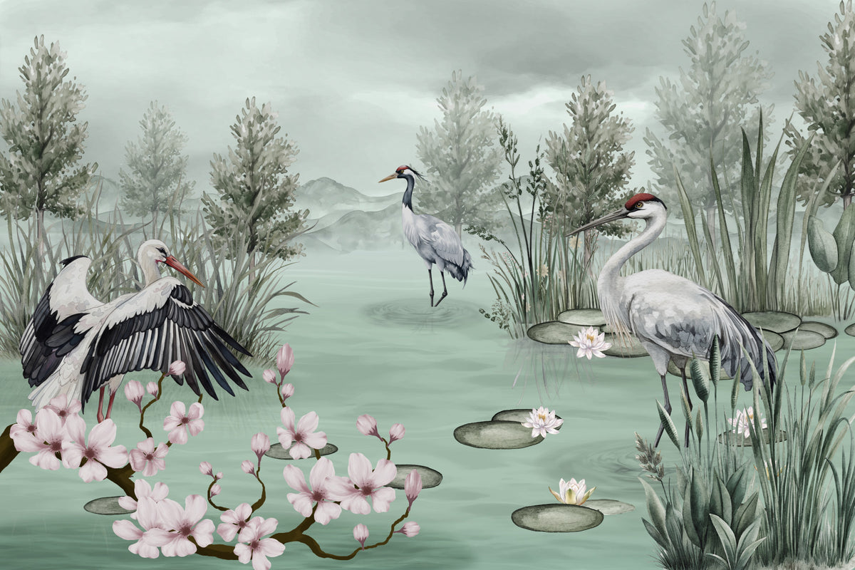 Still Waters Crane & Bloom Wall Mural in your room — zoomed