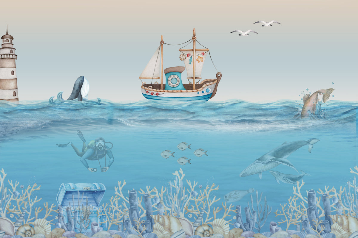 Watercolor Sea Adventure Wall Mural in your room — zoomed