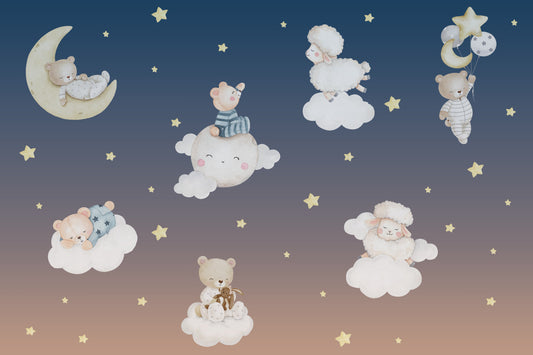 Moonlit Slumber Party Bears and Sheep Wall Mural