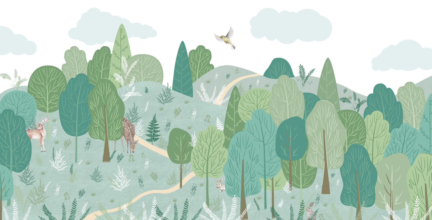 A peaceful wall mural with a tranquil forest clearing scene.

