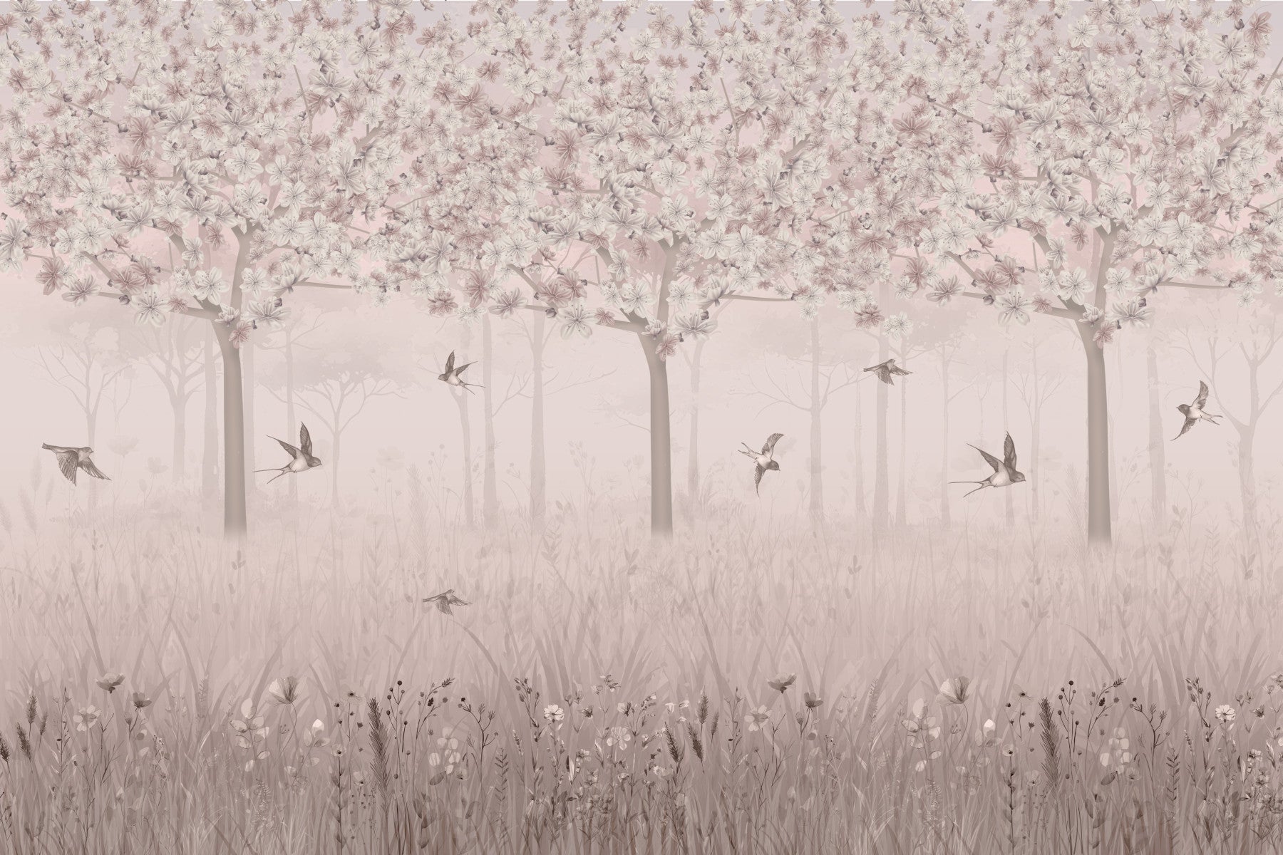 The design features graceful, blooming flowers and flying elements.

