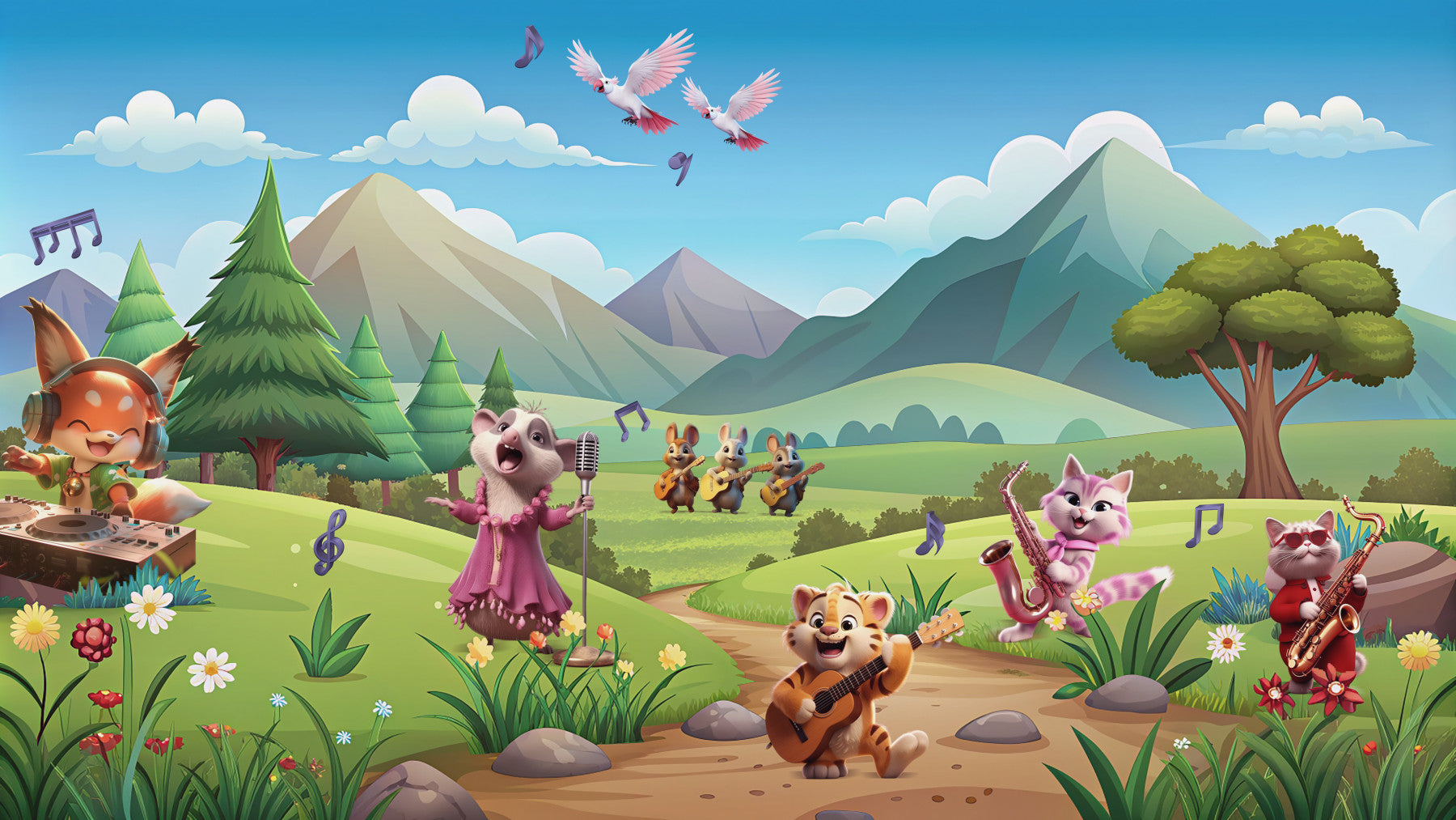 A cheerful wall mural with a whimsical, animal design.

