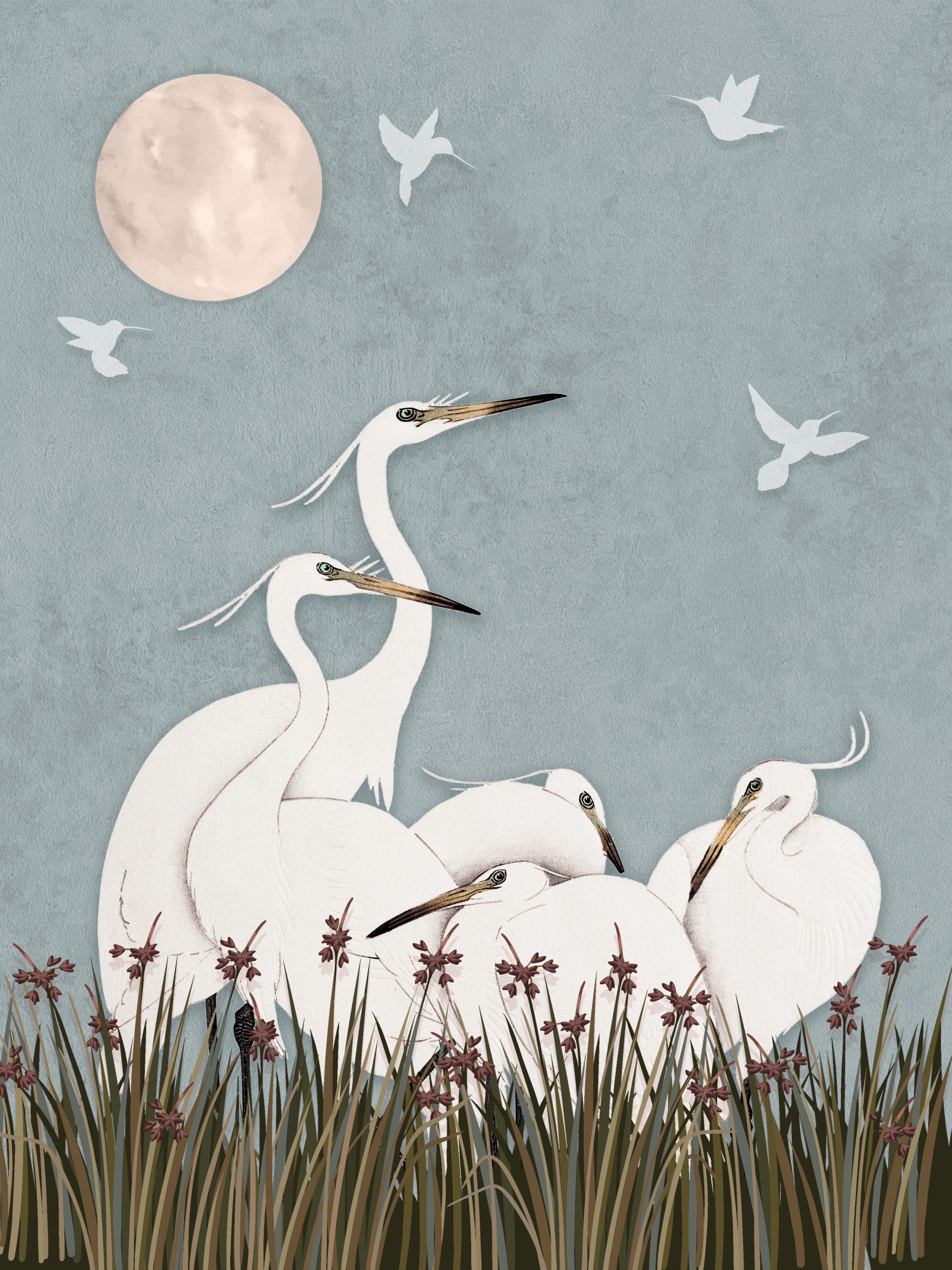 Egrets Under Moonlight Wall Mural in your room — zoomed