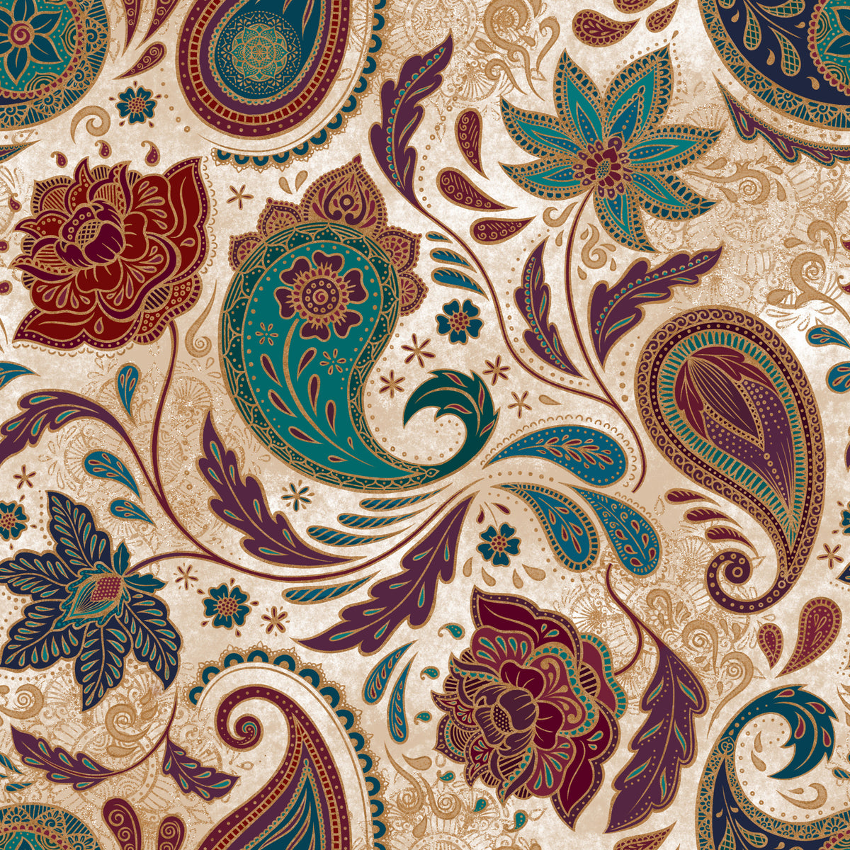 Jewel-toned Boho Paisley - Gold Wallpaper⁠