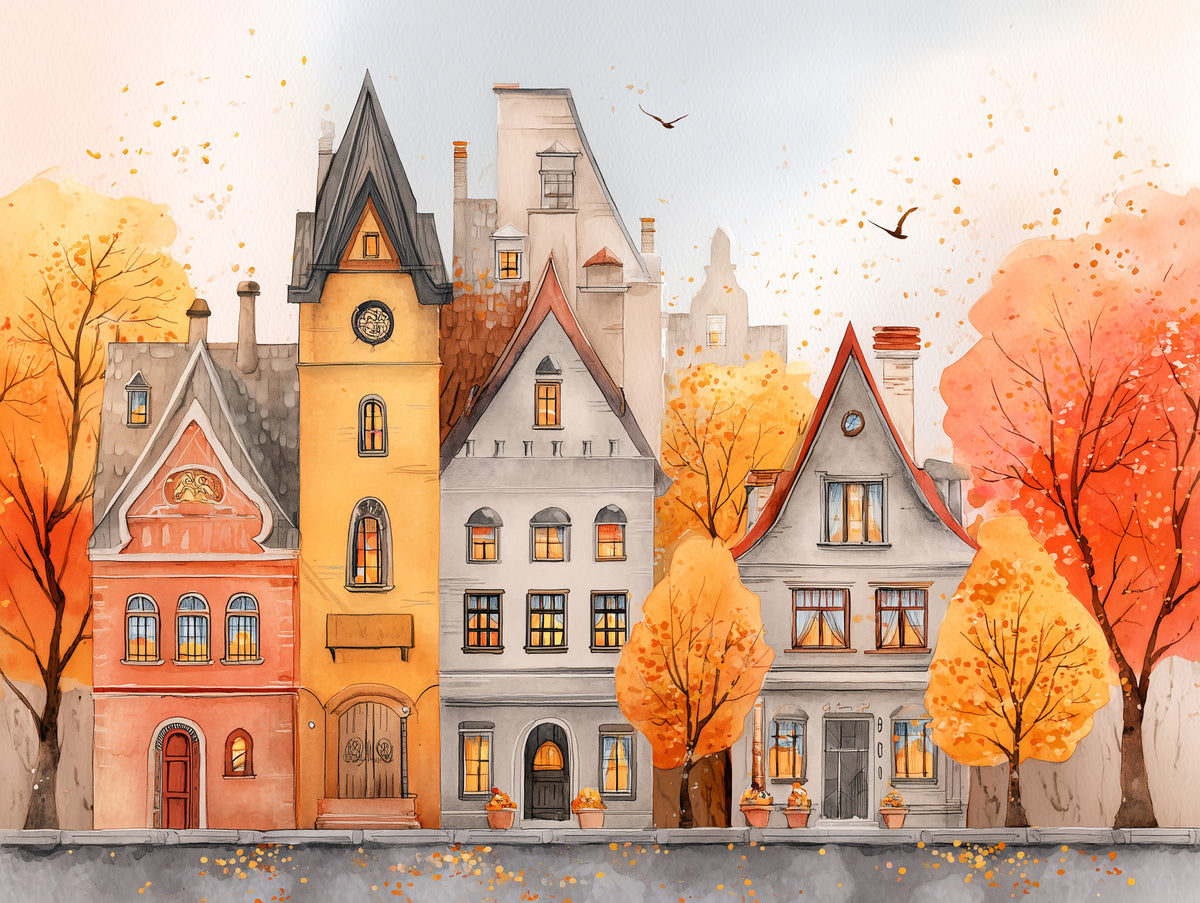 Autumn Town Watercolor Wall Mural in your room