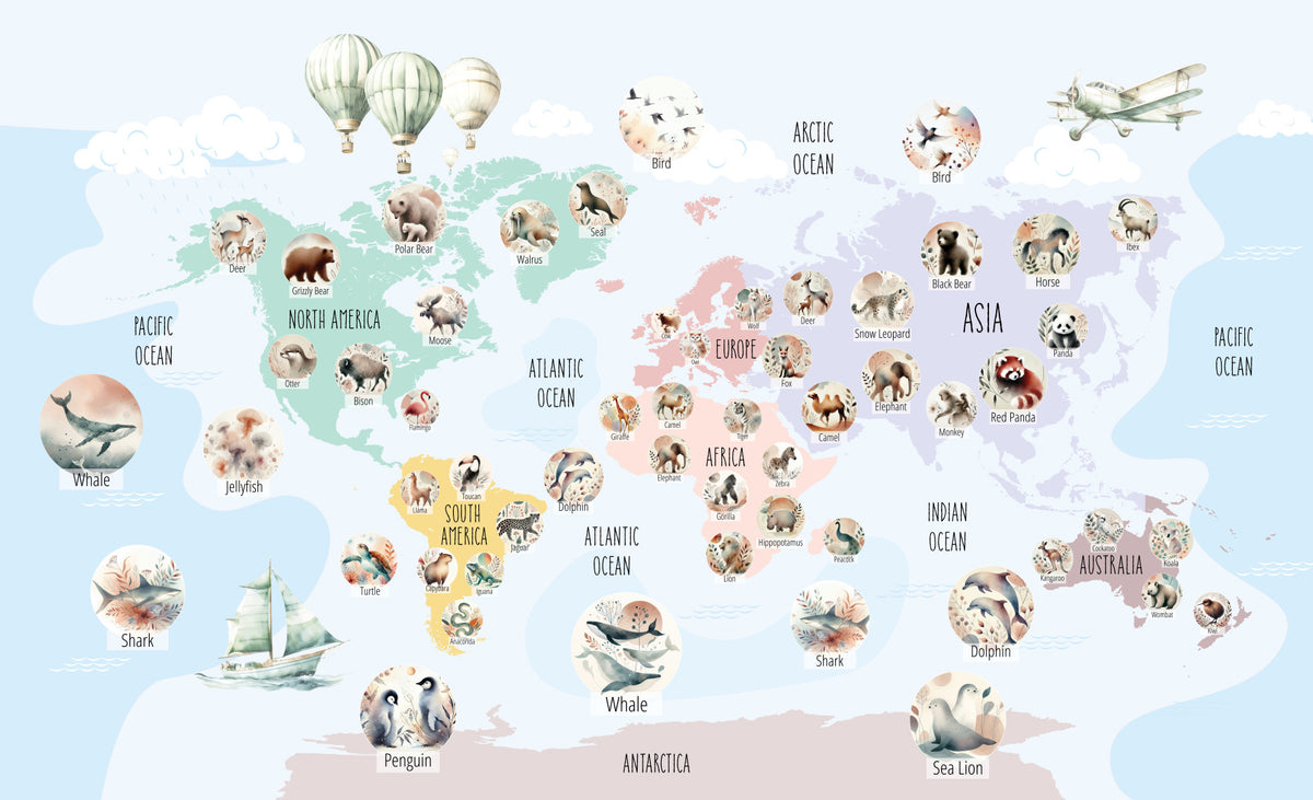 Pastel Wildlife World Map Wall Mural