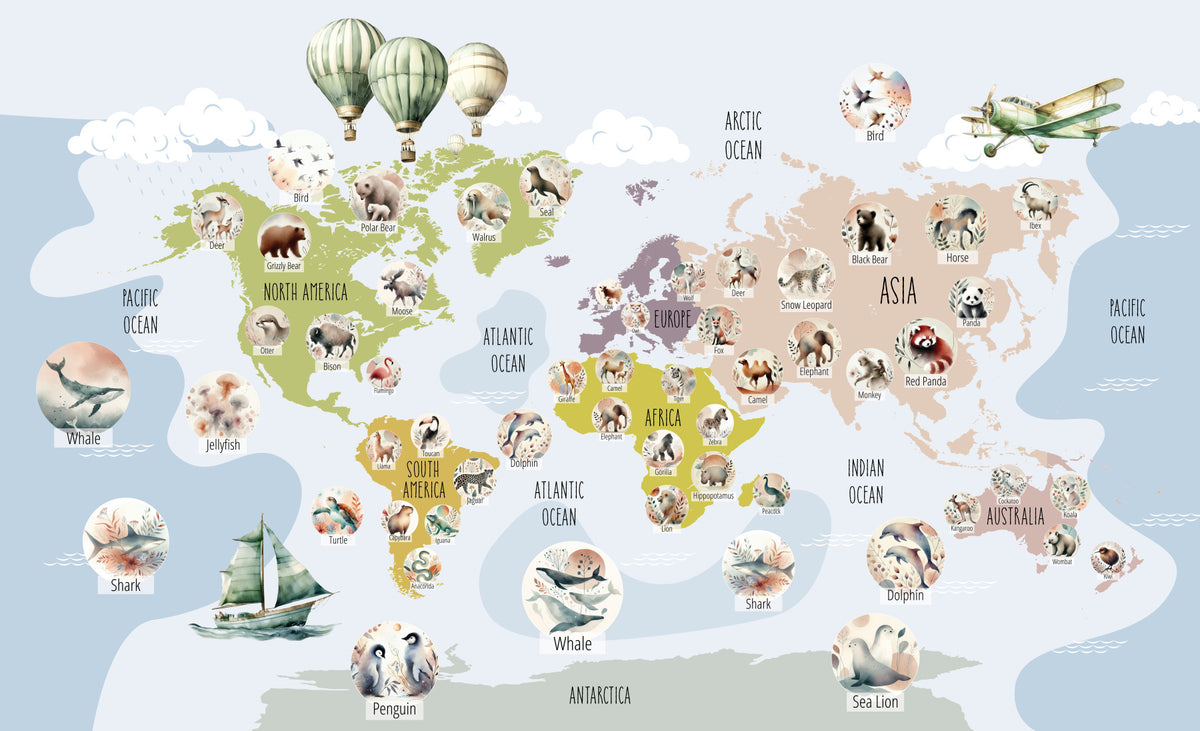 Whimsical Animal World Map Wall Mural in your room