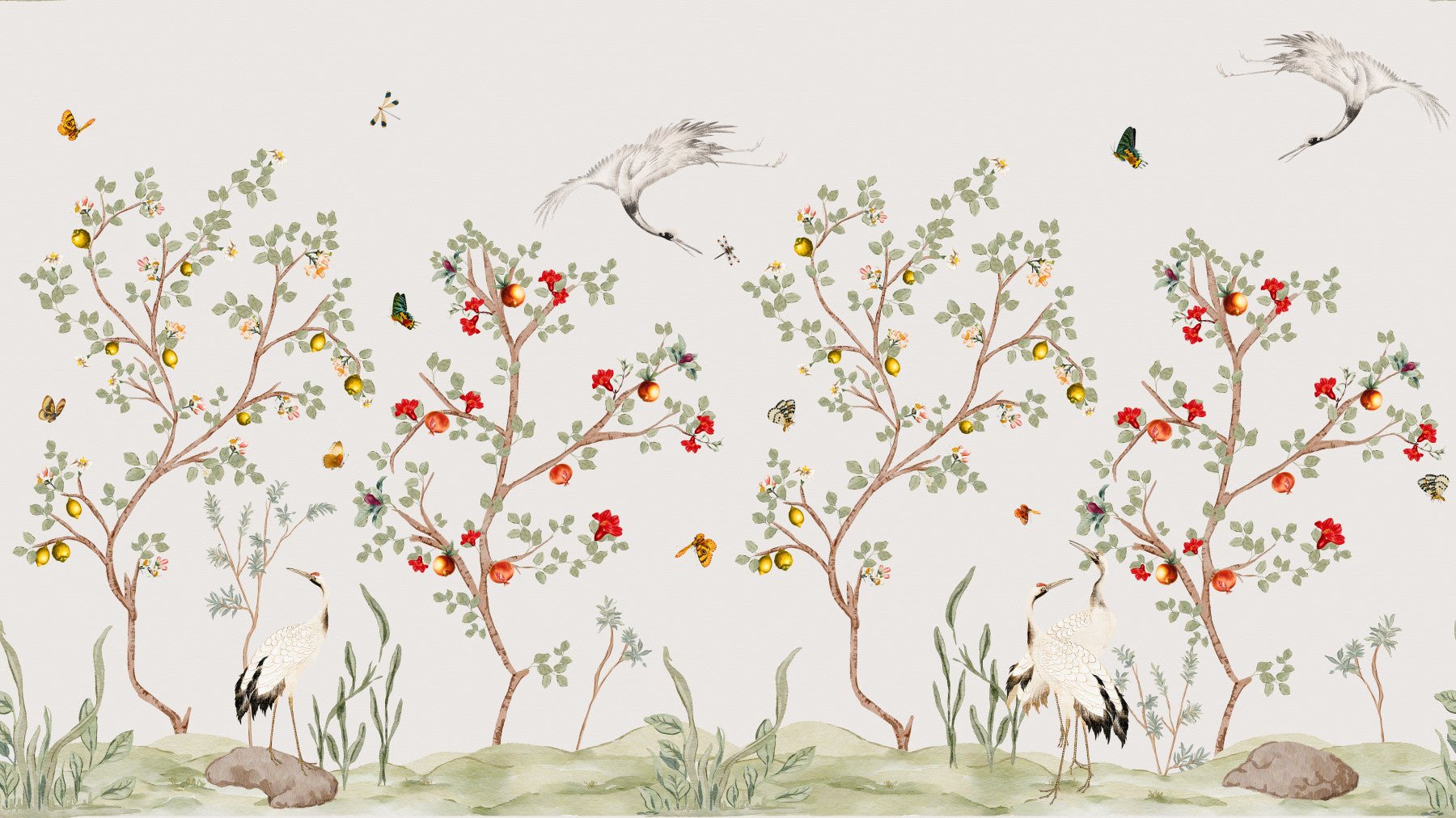 Chinoiserie Cranes in Pomegranate Lemon Grove  Wall Mural