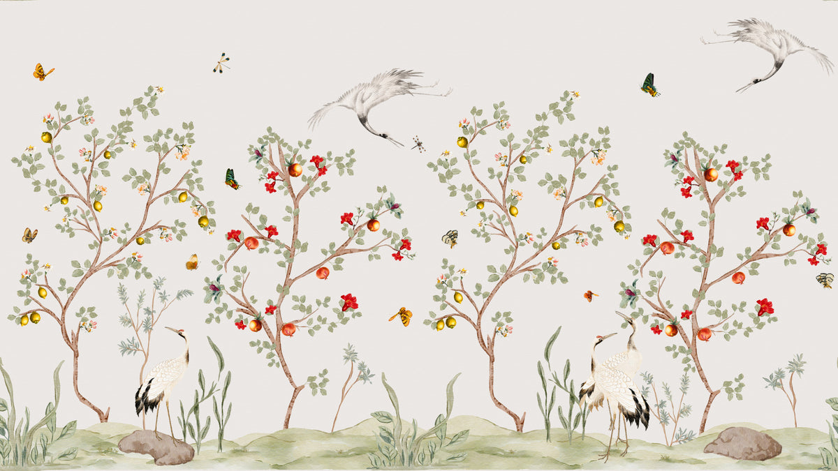 Chinoiserie Cranes in Pomegranate Lemon Grove  Wall Mural in your room — zoomed
