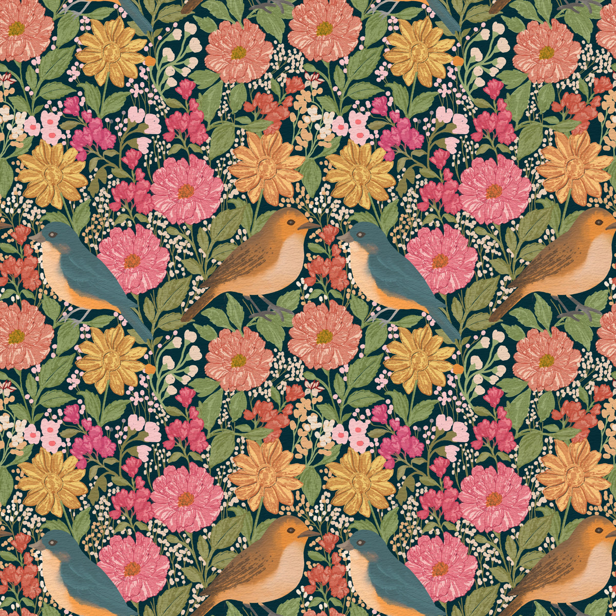 Floral Harmony Birds & Blooms Wallpaper⁠ in your room
