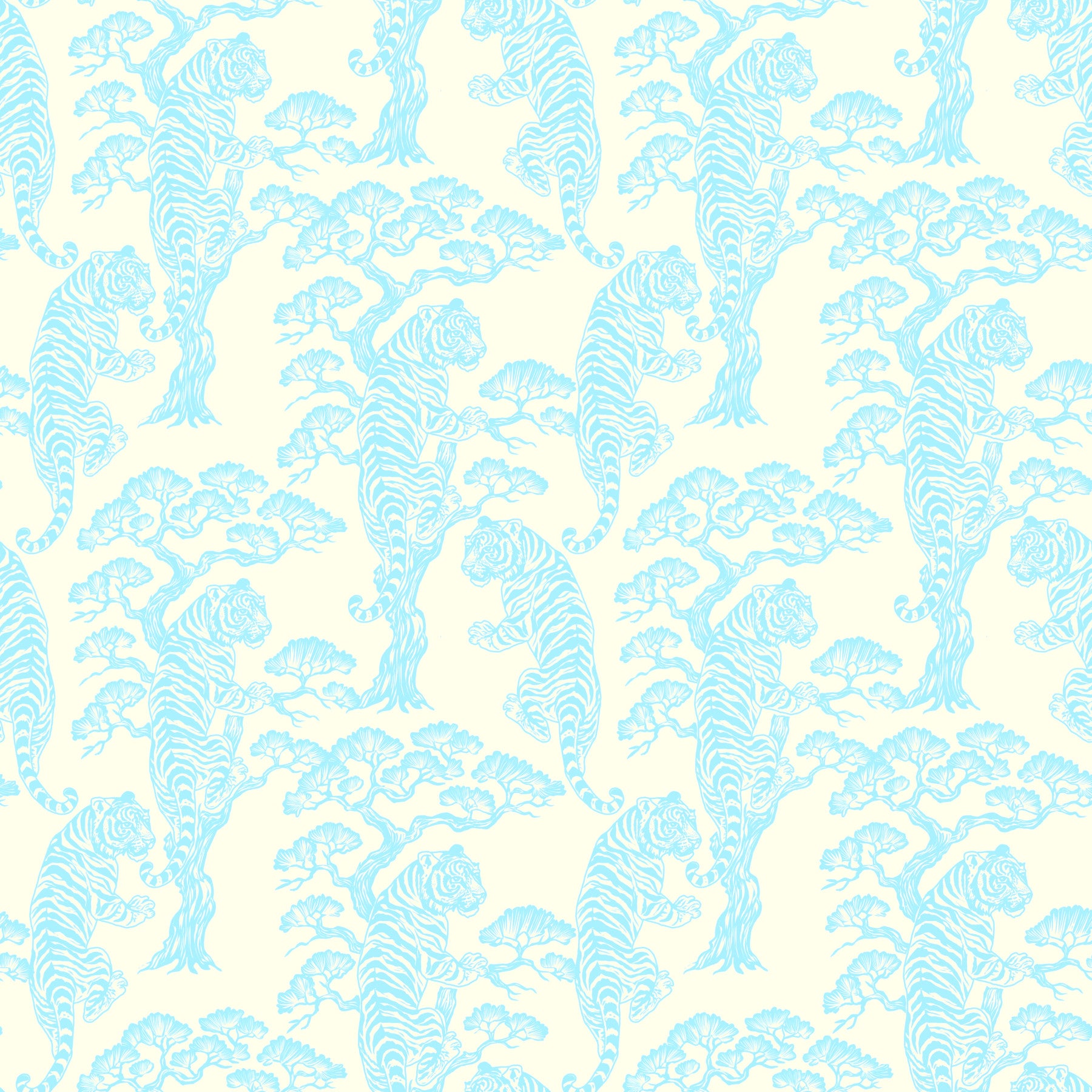 An artistic aqua tiger mural on luxury wallpaper.

