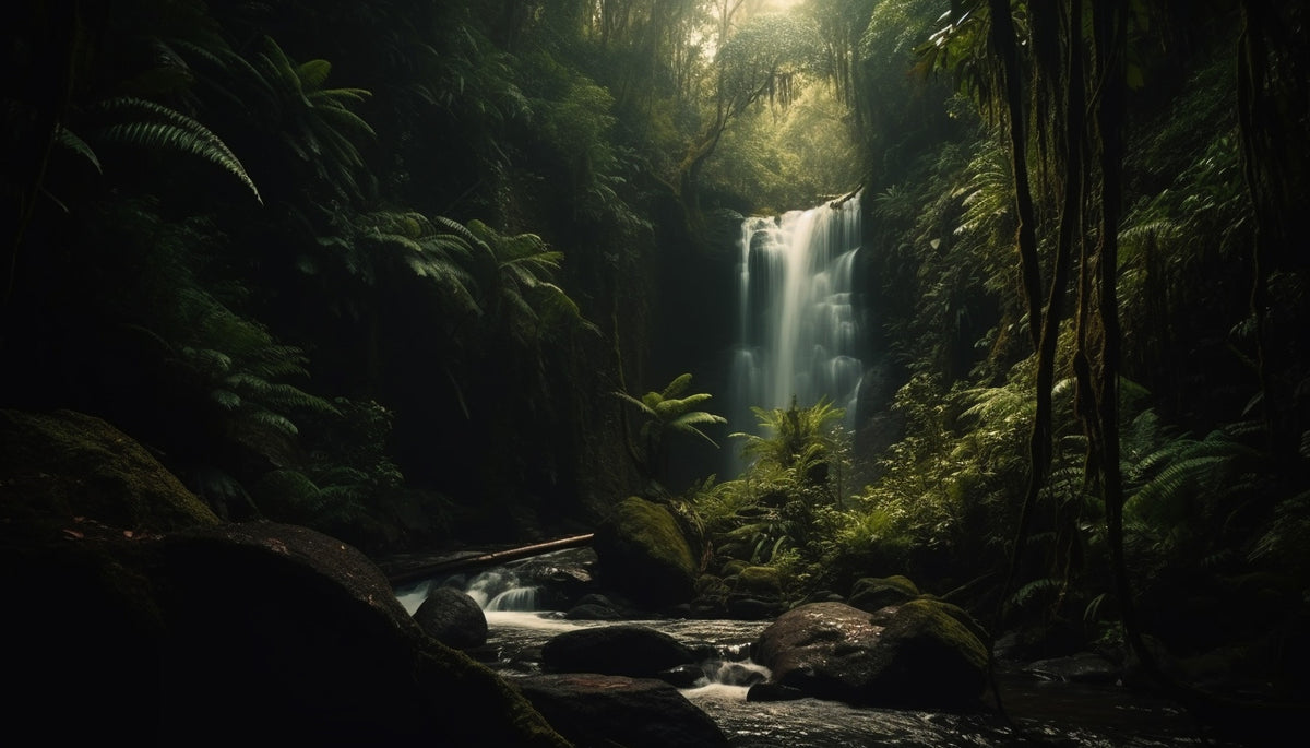Dark Forest with Waterfall Wall Mural in your room — zoomed