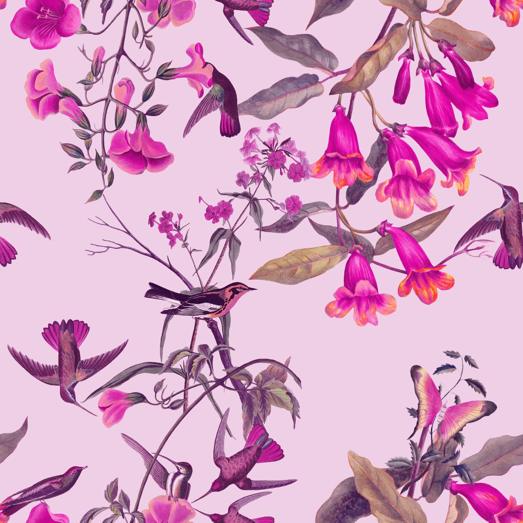 A peaceful botanical aviary mural on decorative wallpaper.

