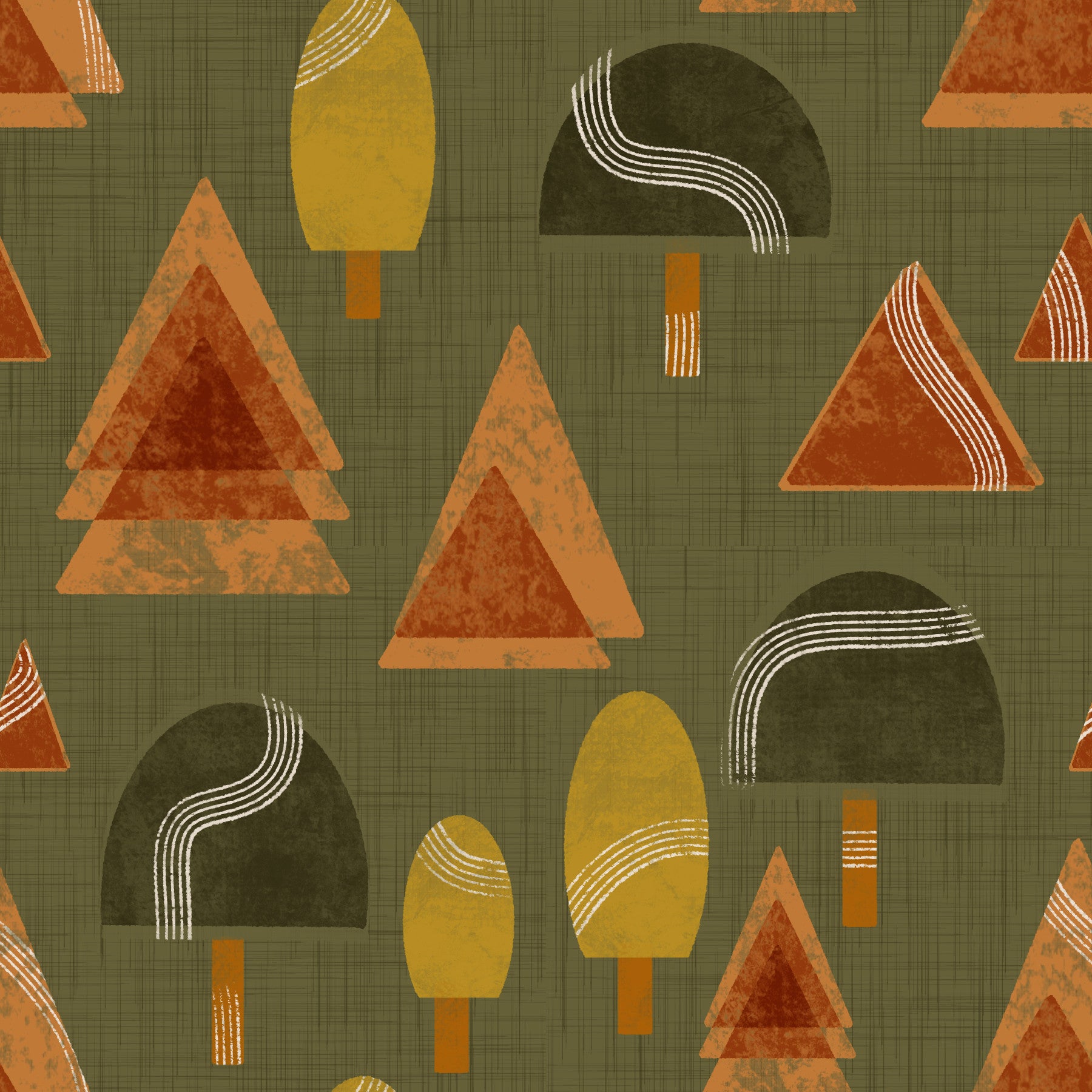 Retro Woodland Tapestry - Olive & Blush Mid Century Trees Wallpaper⁠