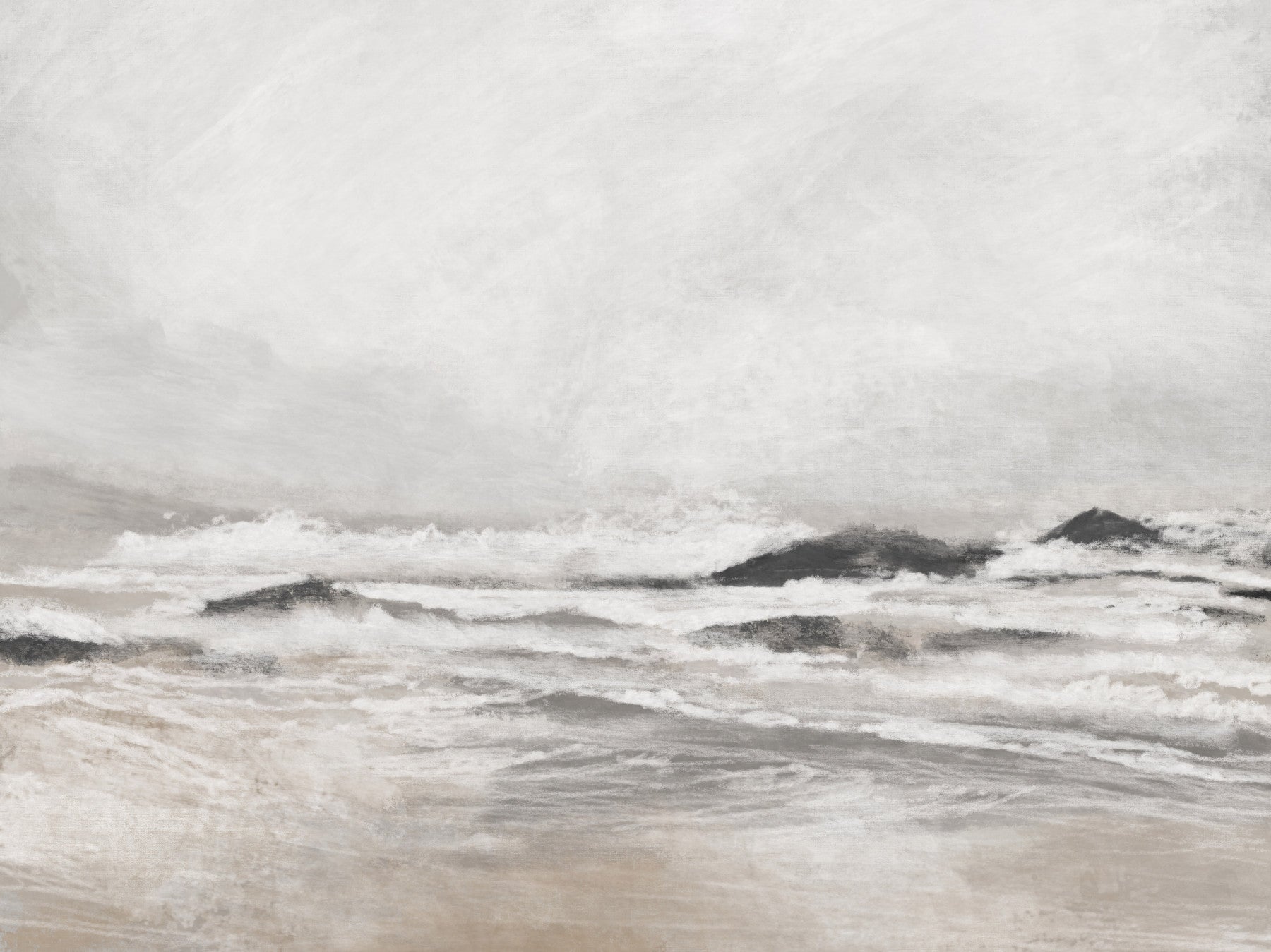 Misty Coast wallpaper mural with grey stormy waves behind a white dining table and cream chairs in a dining room