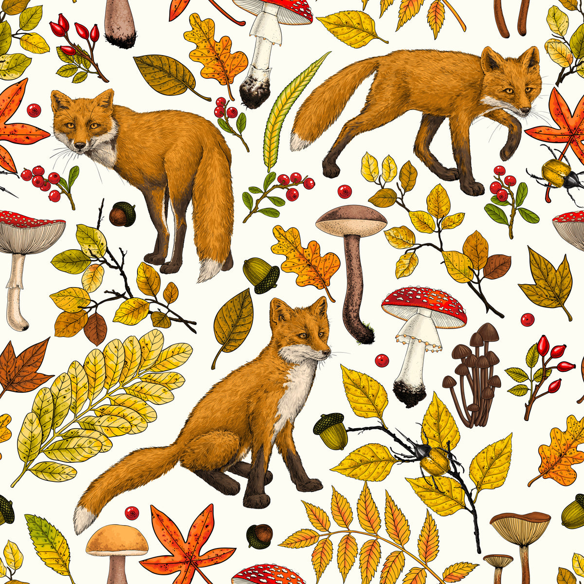 Autumn foxes on natural white Wallpaper⁠ in your room — zoomed