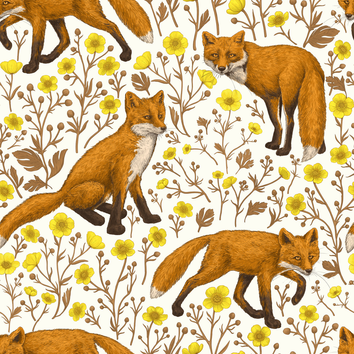 Foxes and buttercups on natural white Wallpaper⁠ in your room