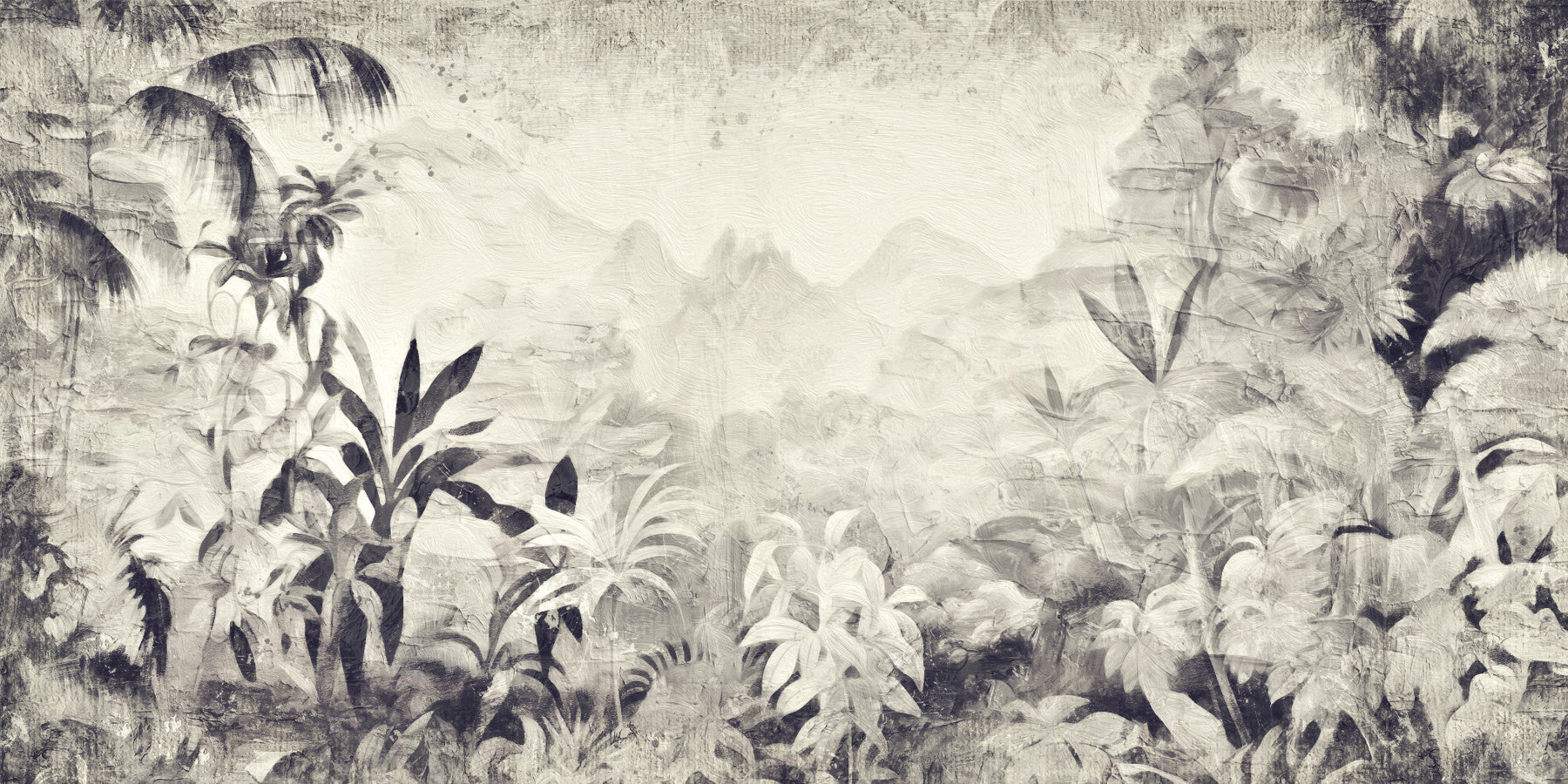 Monochrome Jungle Dream wallpaper mural in grey tropical foliage behind a grey sectional and cream armchair living room