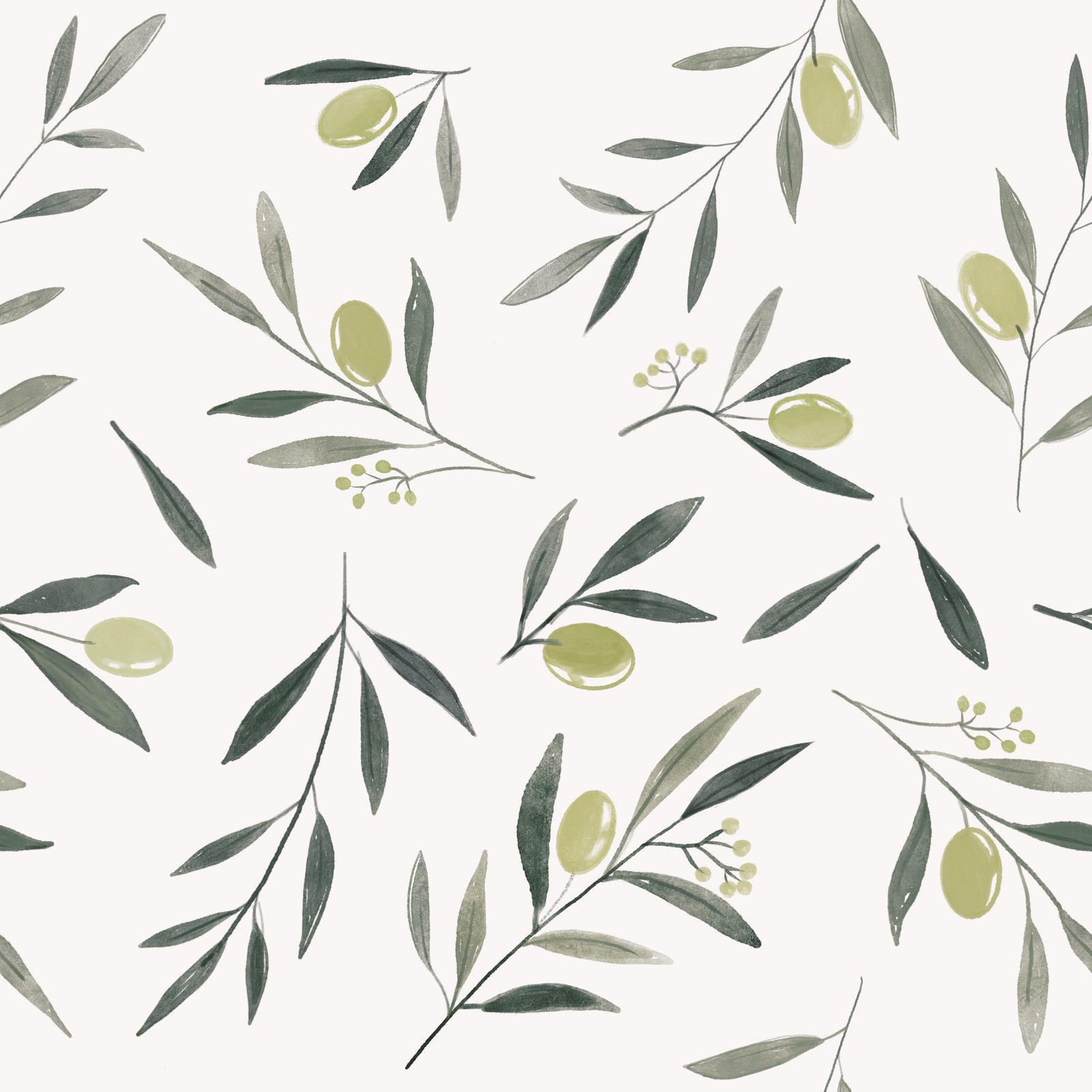 Watercolor Olive Garden Leaves and Fruit Wallpaper⁠ in your room