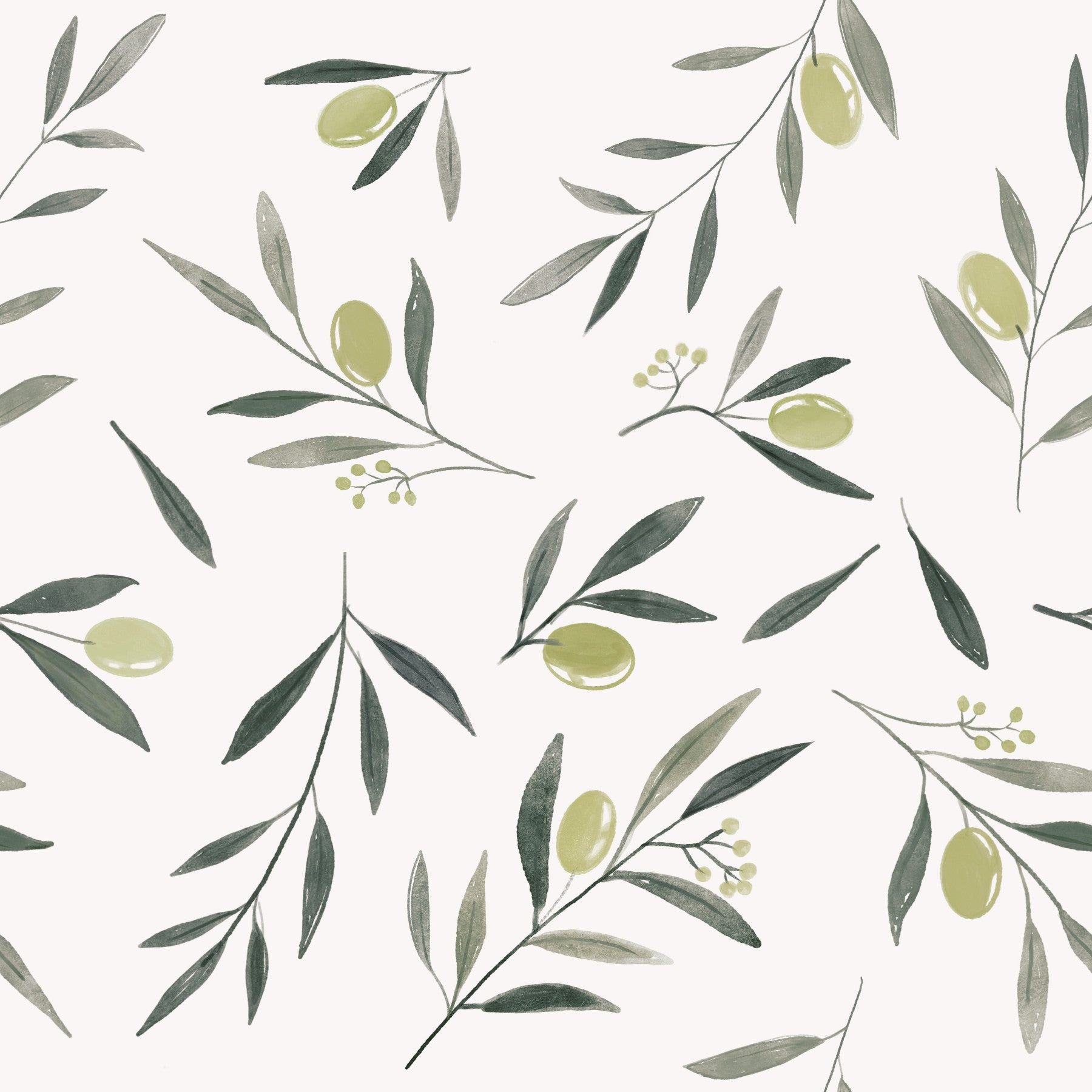 Watercolor Olive Garden Leaves and Fruit Wallpaper⁠ in your room — zoomed