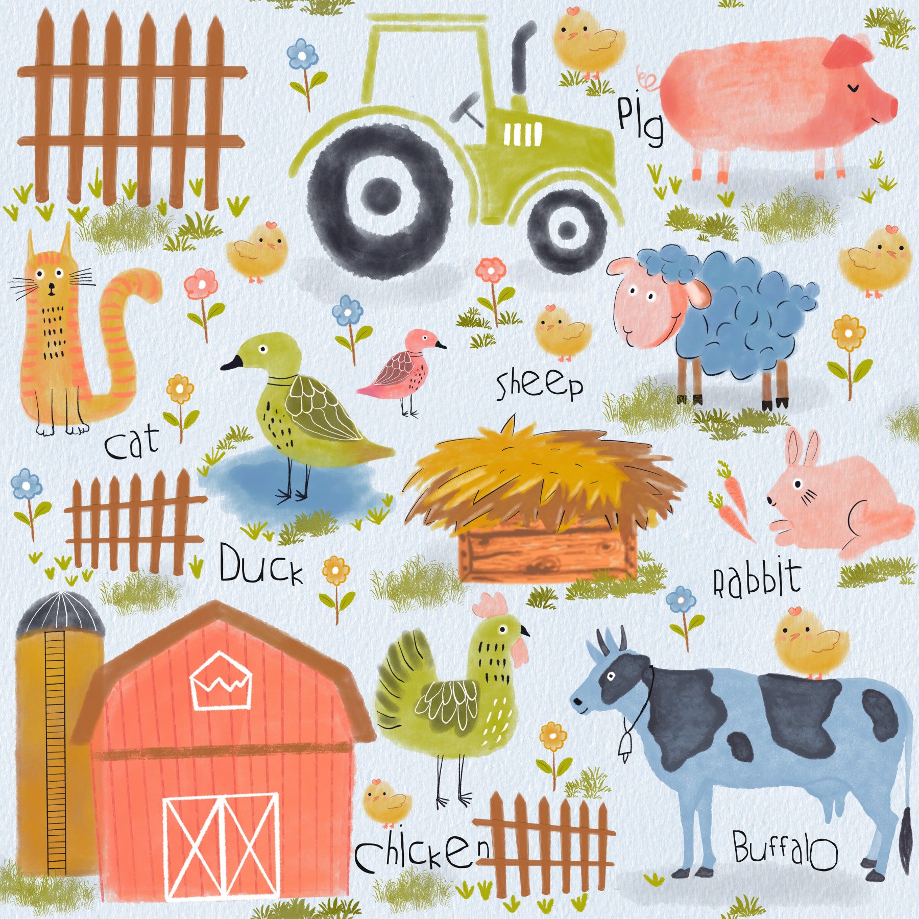 Farm Friends Fun wallpaper with red barns and cartoon animals in a bedroom with a wooden bed and rattan pendant