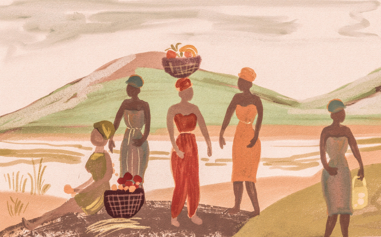Echoes of the Motherland: Graceful African Women in Vibrant Traditional Attire Bearing the Harvest of Joy Wall Mural