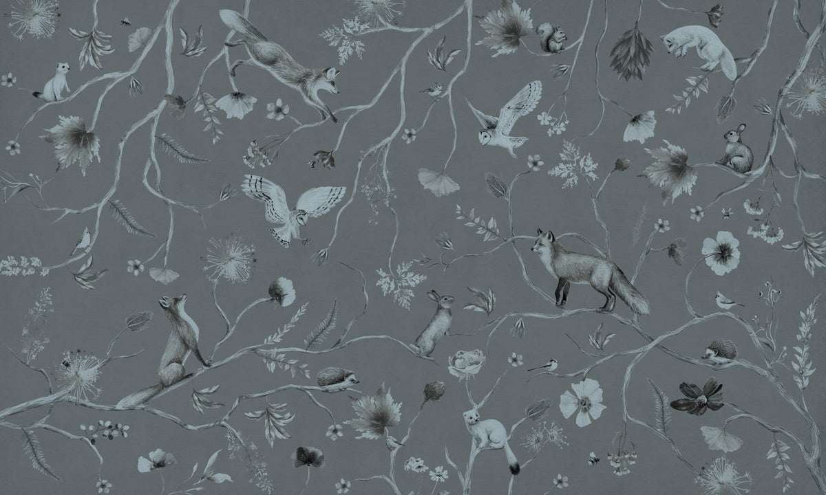 Whimsical Woodland Gray Wall Mural in your room — zoomed