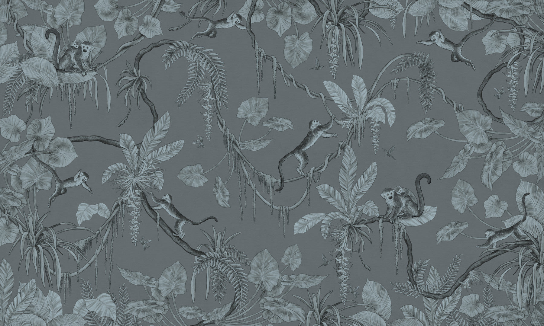 Contemporary wall covering with jungle foliage illustrated in calming blue