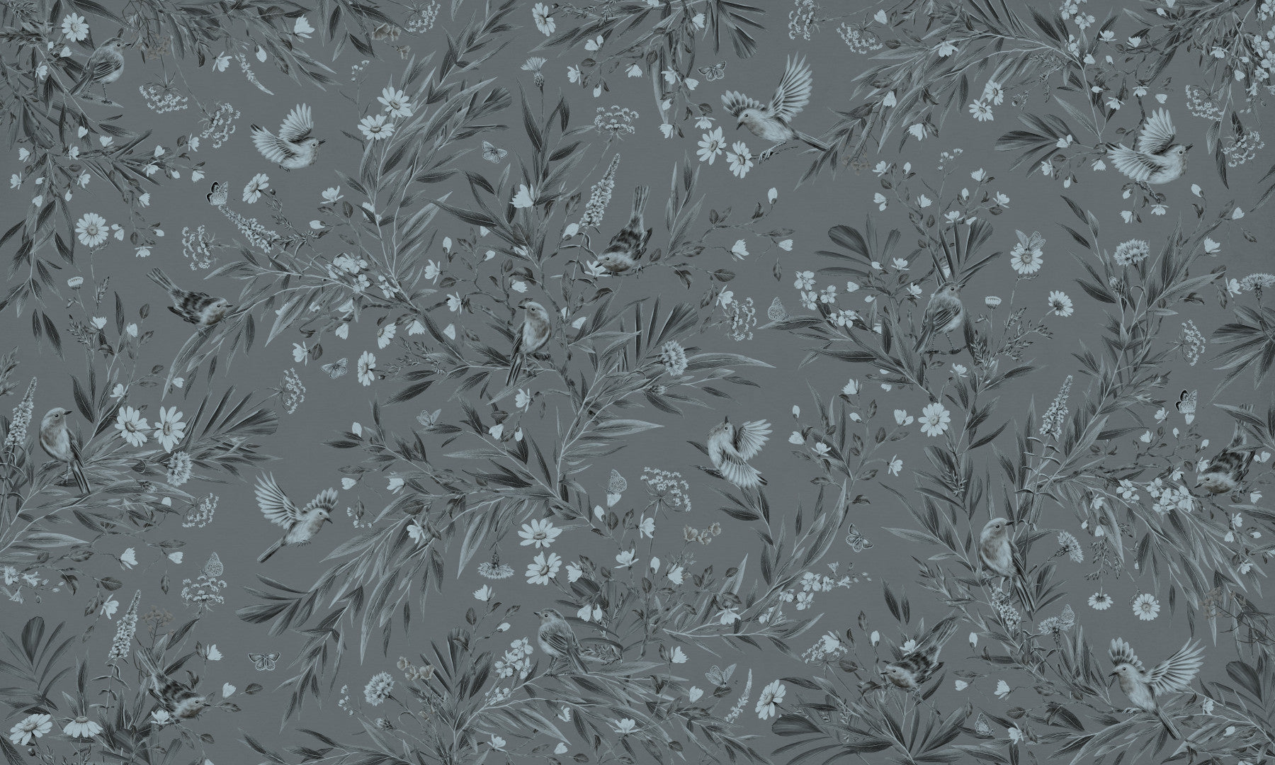 Soft and elegant wall mural of birds integrated into grey-toned floral designs