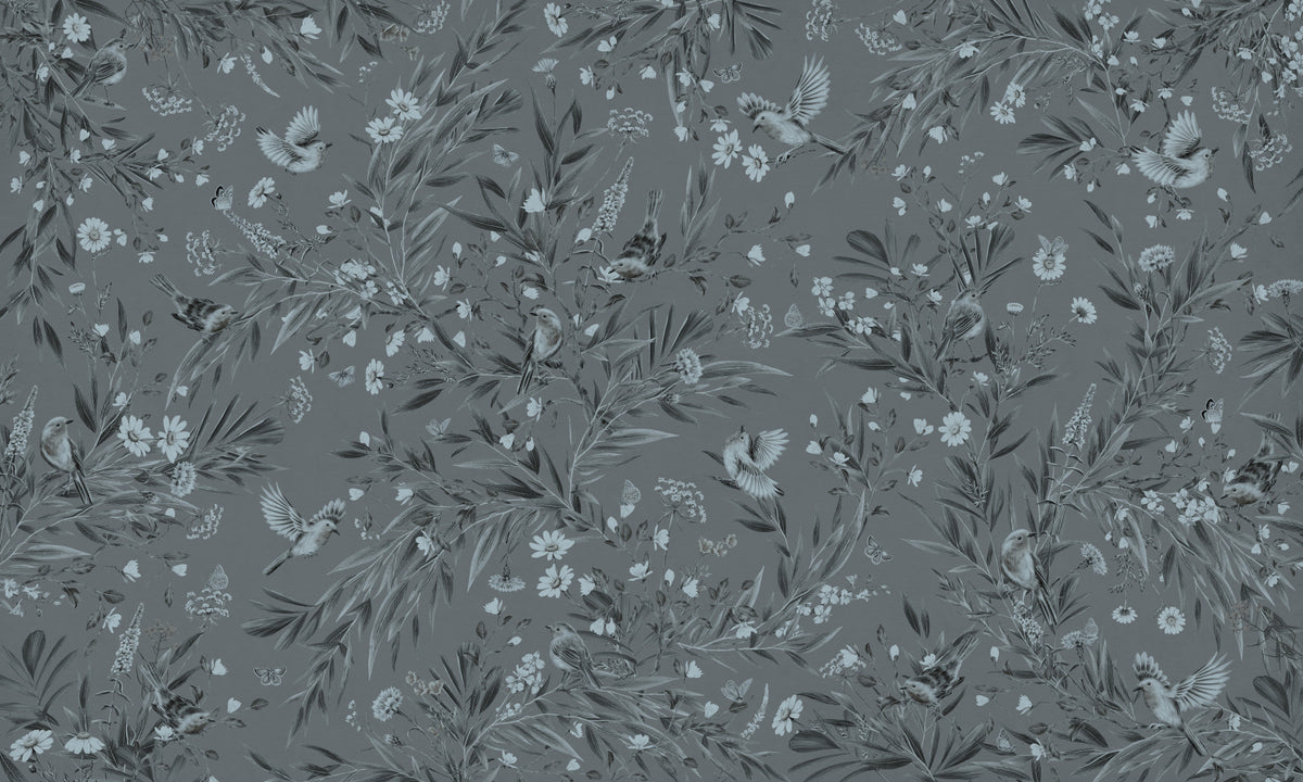 Grey Floral Aviary Wall Mural in your room — zoomed
