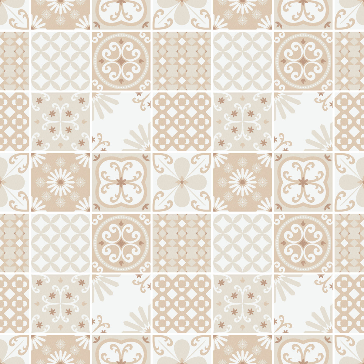 Vintage Folk Tiles – Sand Beige Wallpaper in your room — zoomed