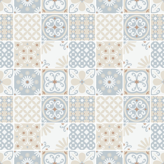 Vintage Folk Tiles – Blue Breeze Wallpaper⁠