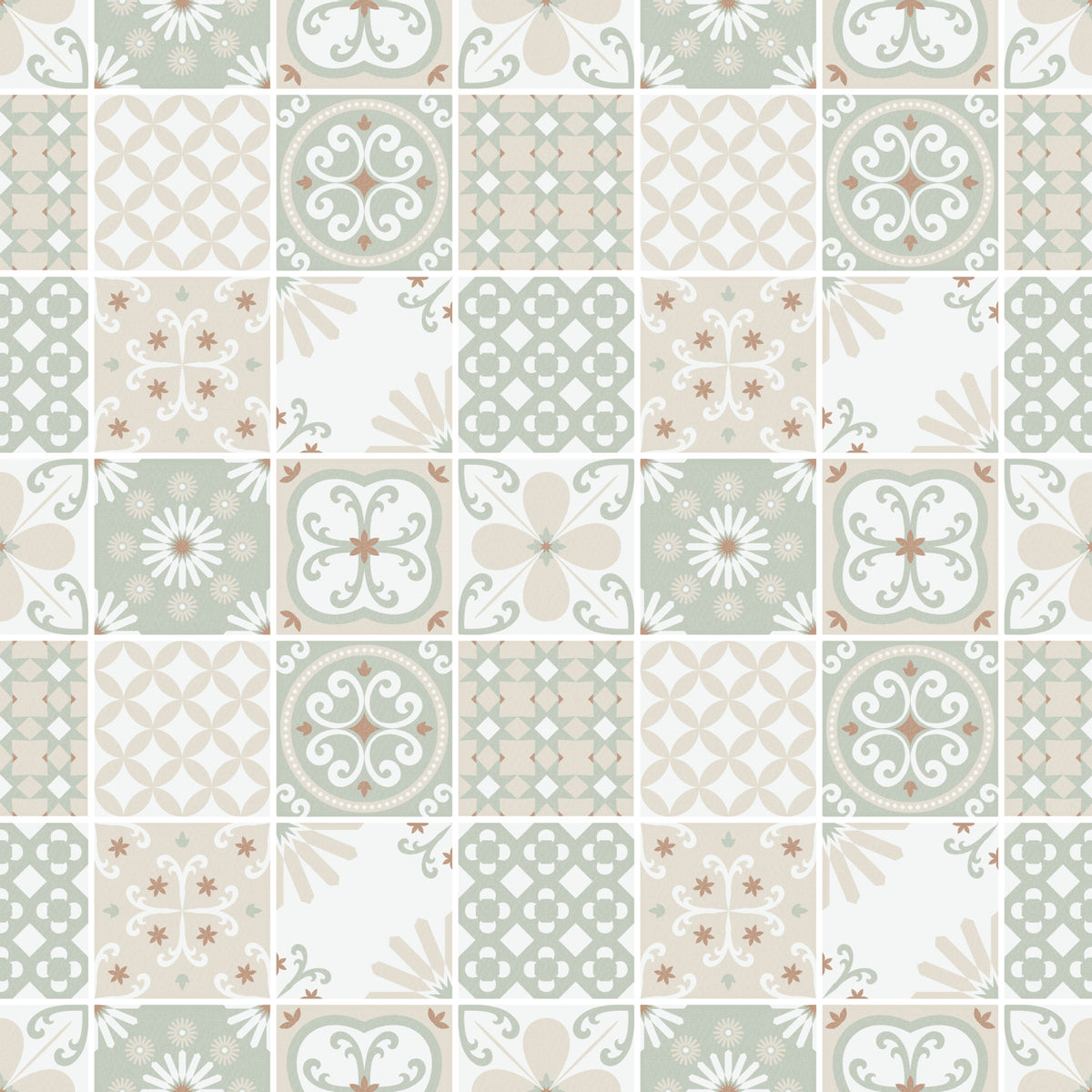 Vintage Folk Tiles – Sage Green Wallpaper⁠ in your room — zoomed