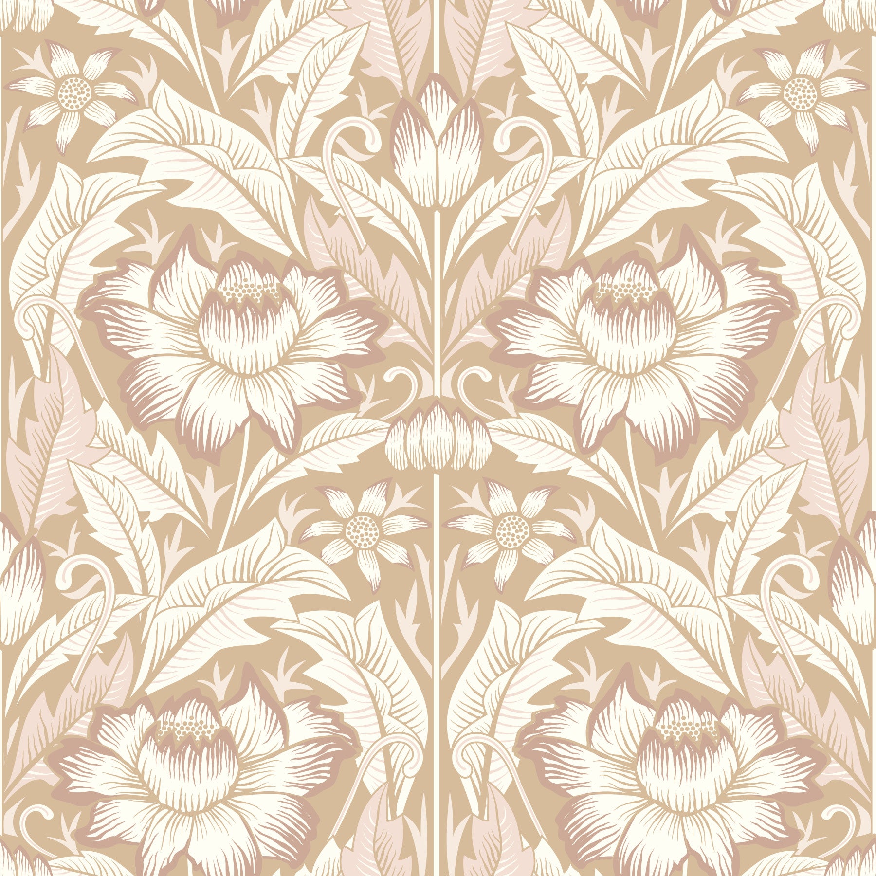 Sand beige garden-themed wallpaper with delicate floral detailing for a refined wall finish.