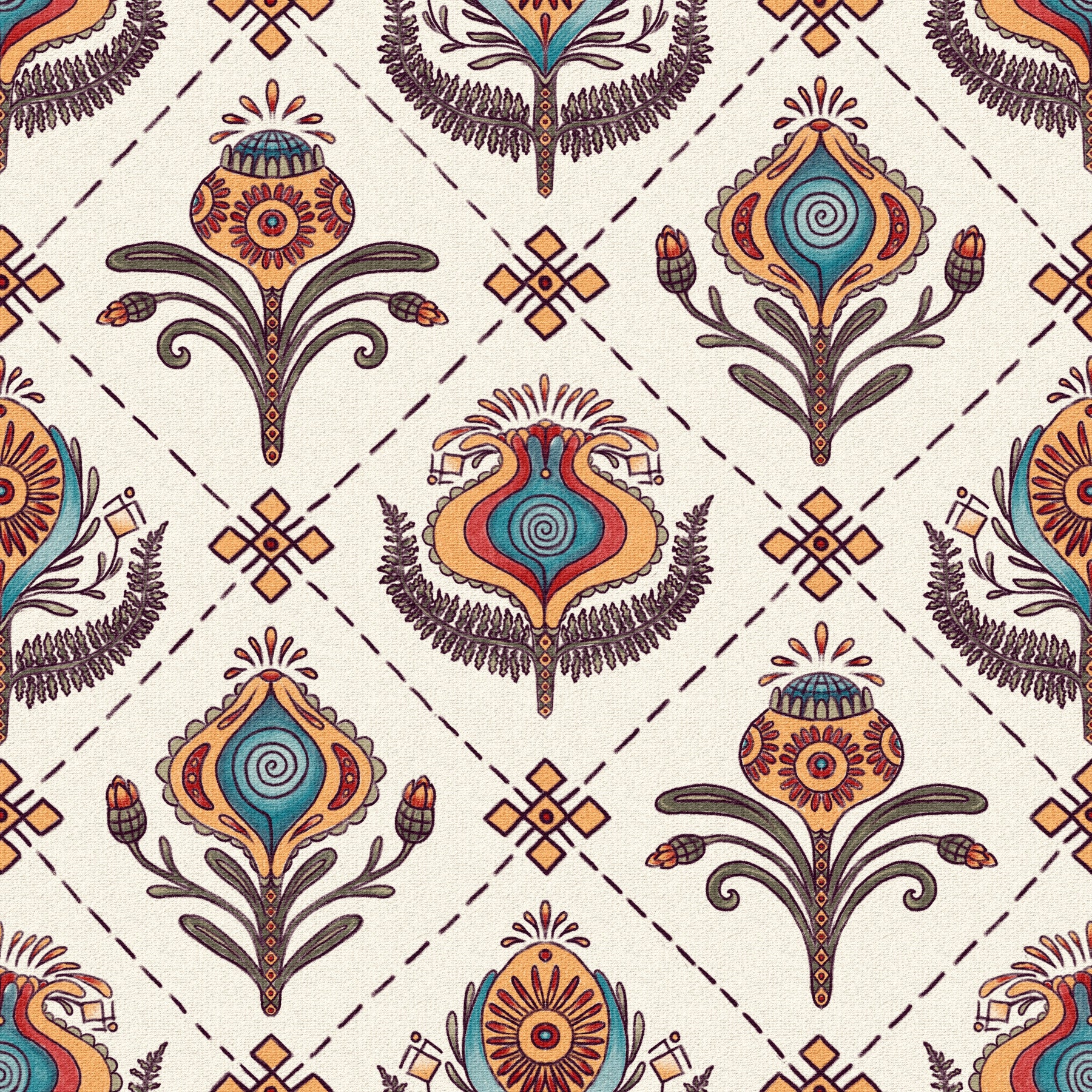 Boho Floral Grid wallpaper featuring colorful stylized floral motifs arranged in a diamond grid pattern.