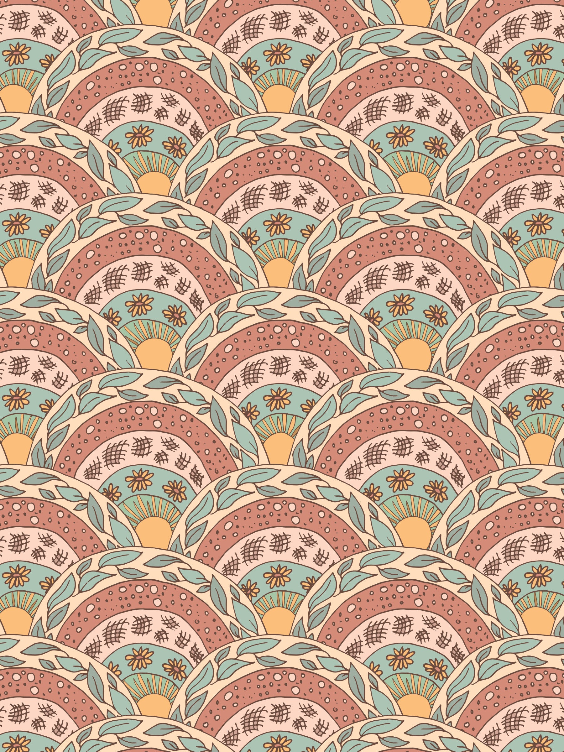 Radiating floral sun motifs creating a warm, boho-inspired wallpaper pattern.