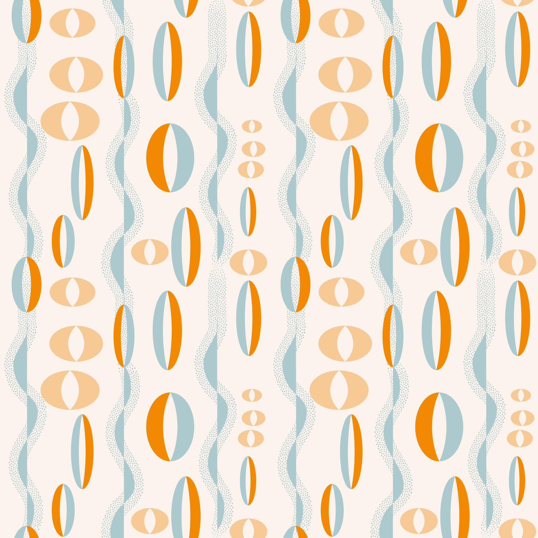 Retro atomic wallpaper displaying vertical rows of geometric ovals and dotted curves.