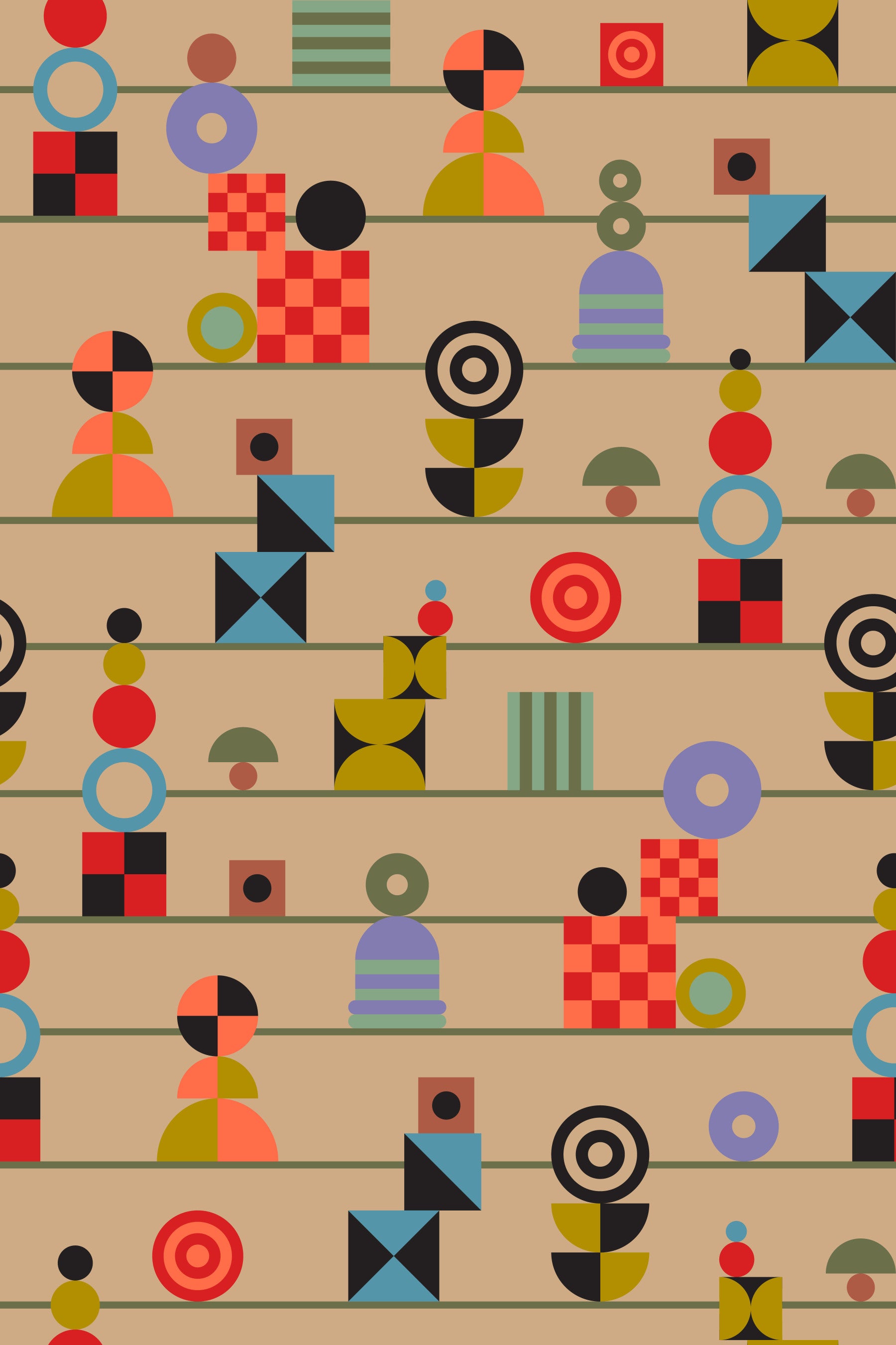 Stacking Retro Geometric Shapes Stripes Multicolored Cream Wallpaper⁠