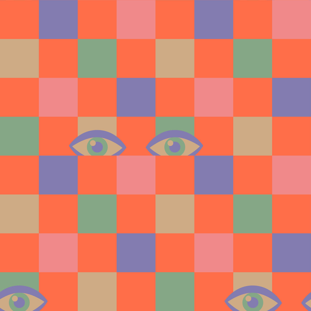 Peekaboo Retro Eyes Checkerboard Pink Cream Purple Mint Coral Orange Wallpaper⁠ in your room
