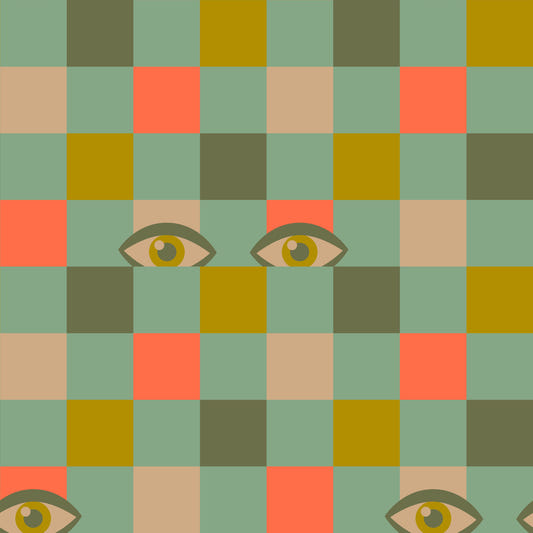 Peekaboo Retro Eyes Checkerboard Mustard Cream Olive Coral Mint Green Wallpaper⁠