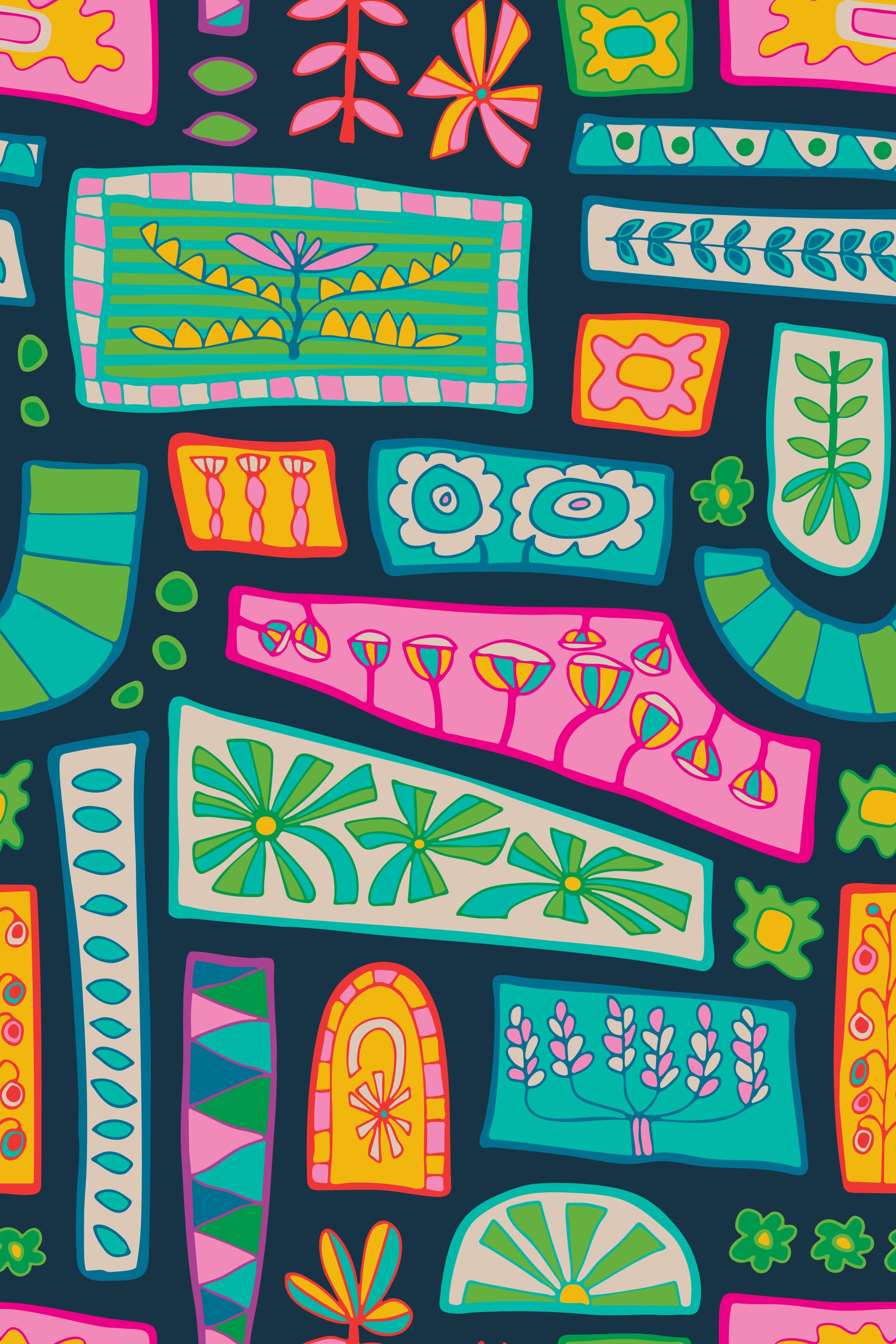 Bohemian-inspired wallpaper with eclectic flower patches arranged in a colorful geometric pattern.