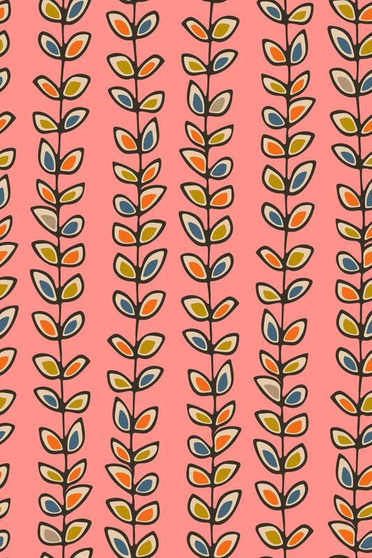 Climbing Vines Stripe Retro Leaves Pink Wallpaper⁠