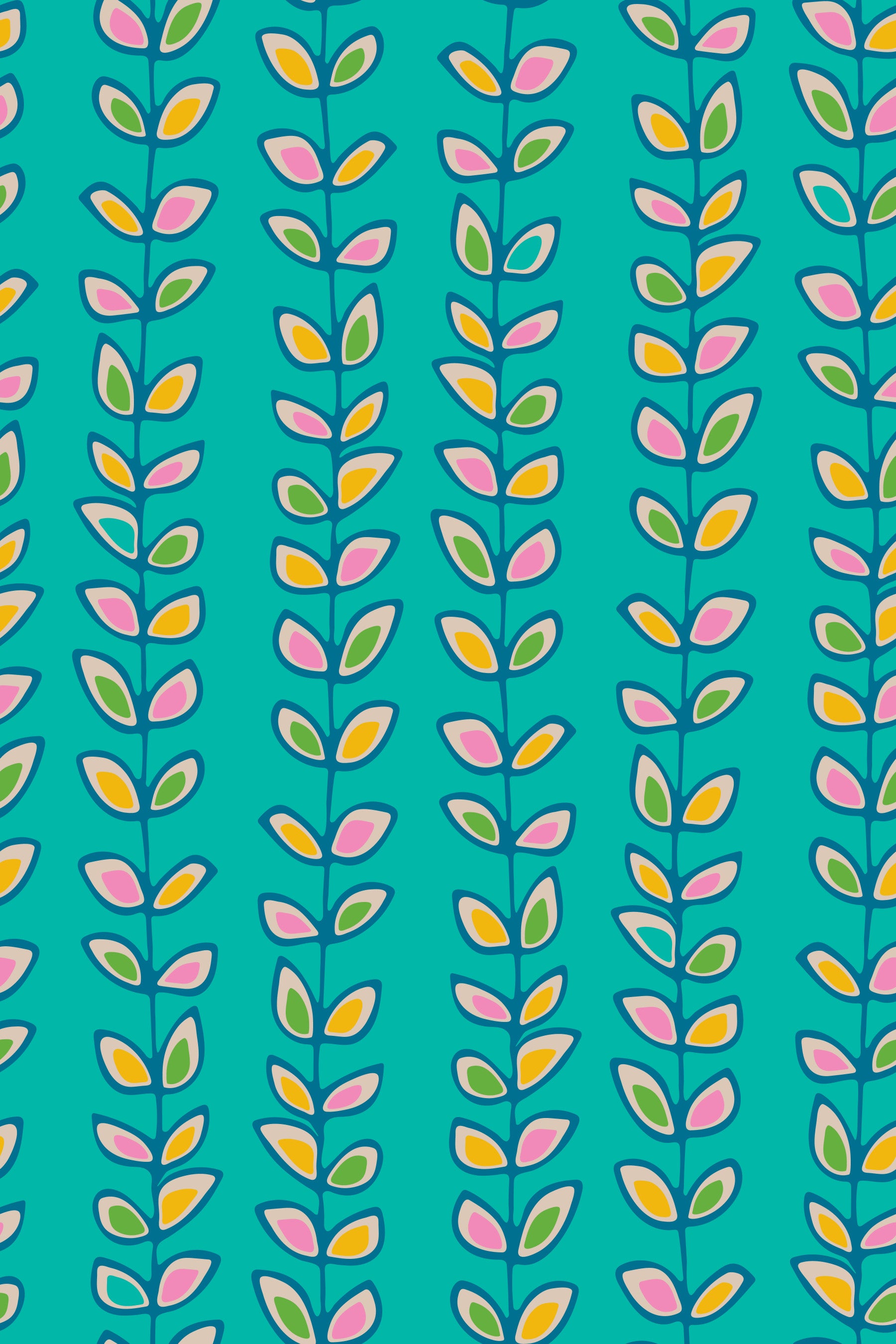 Climbing Vines Stripe Retro Leaves Turquoise Wallpaper⁠ in your room — zoomed
