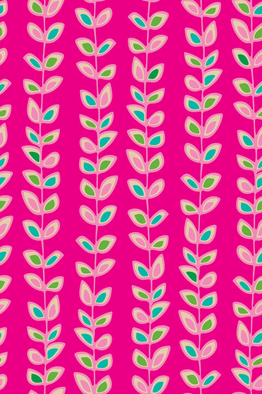 Climbing Vines Stripe Retro Leaves Fuchsia Pink Wallpaper⁠