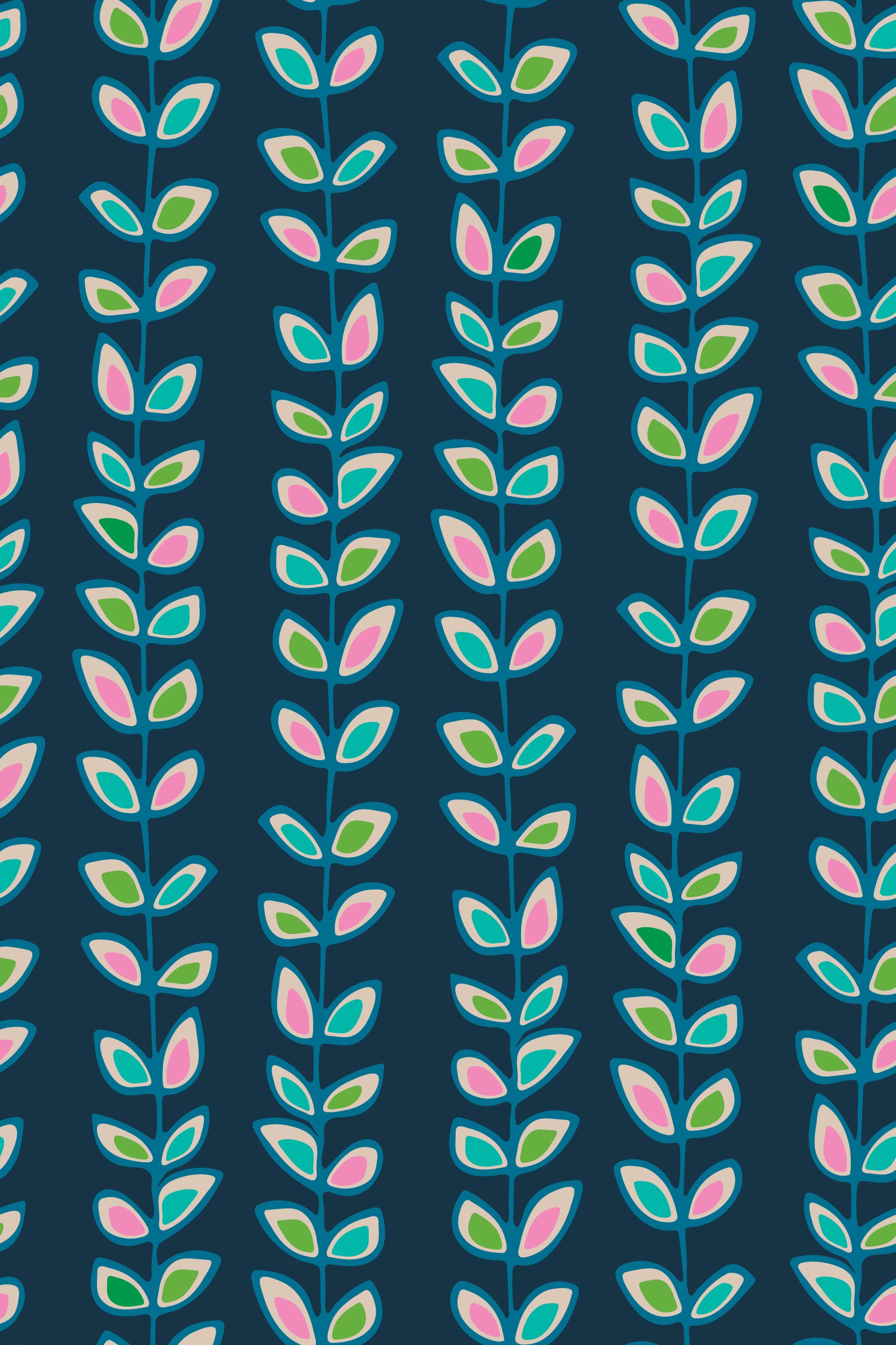 A retro leaves wallpaper featuring colorful vertical climbing vines against a deep navy blue background.